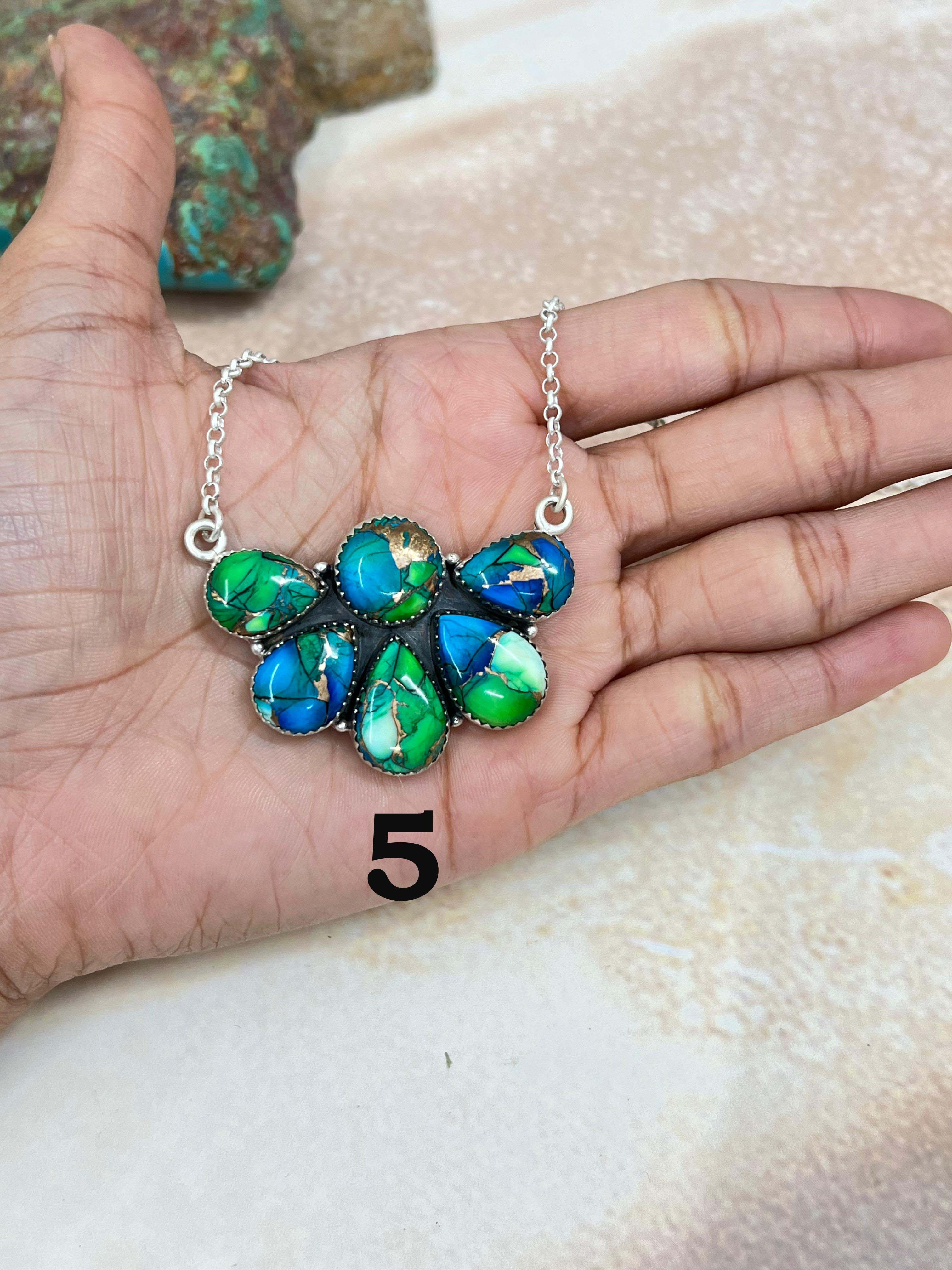 Handmade Sterling Silver Peacock Dahlia Necklace with Signed Nizhoni