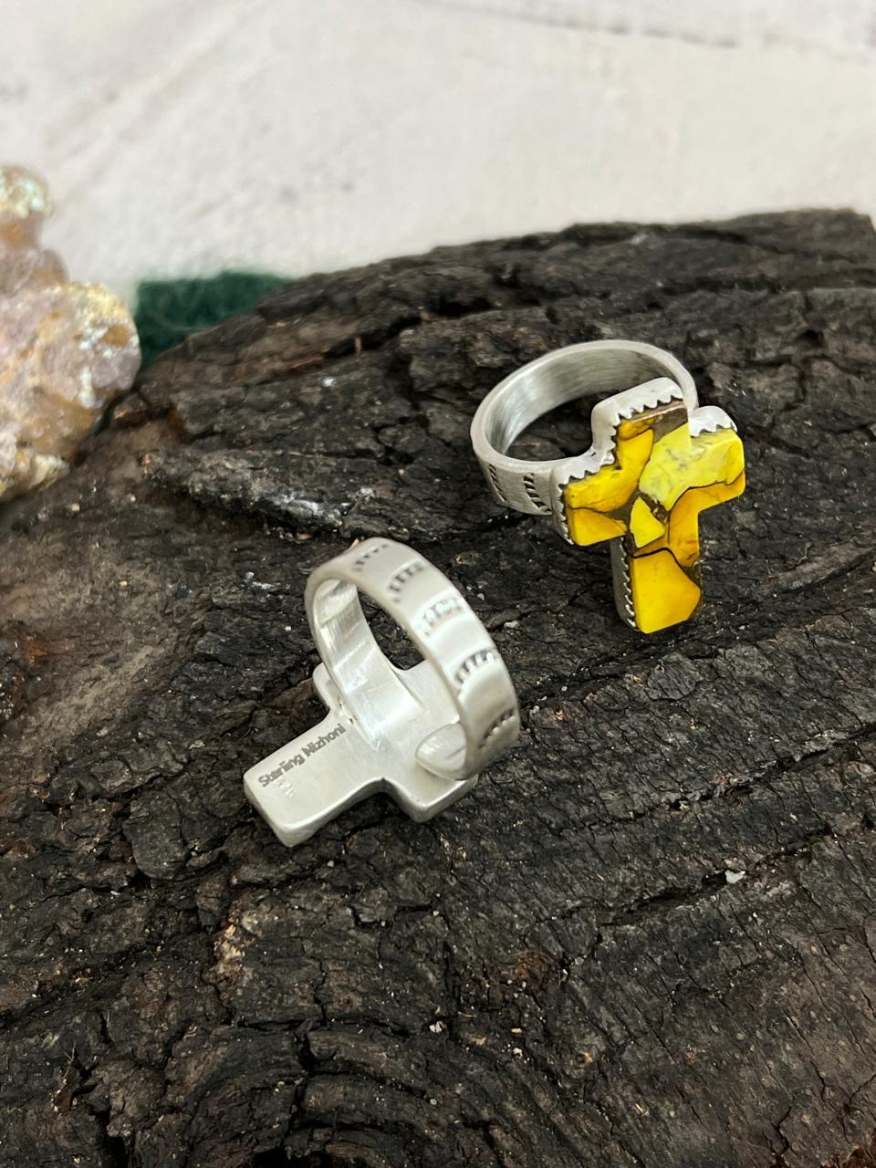 Handmade Sterling Silver Honey Dahlia, Cotton Candy Turquoise Cross Adjustable Ring with Signed Nizhoni