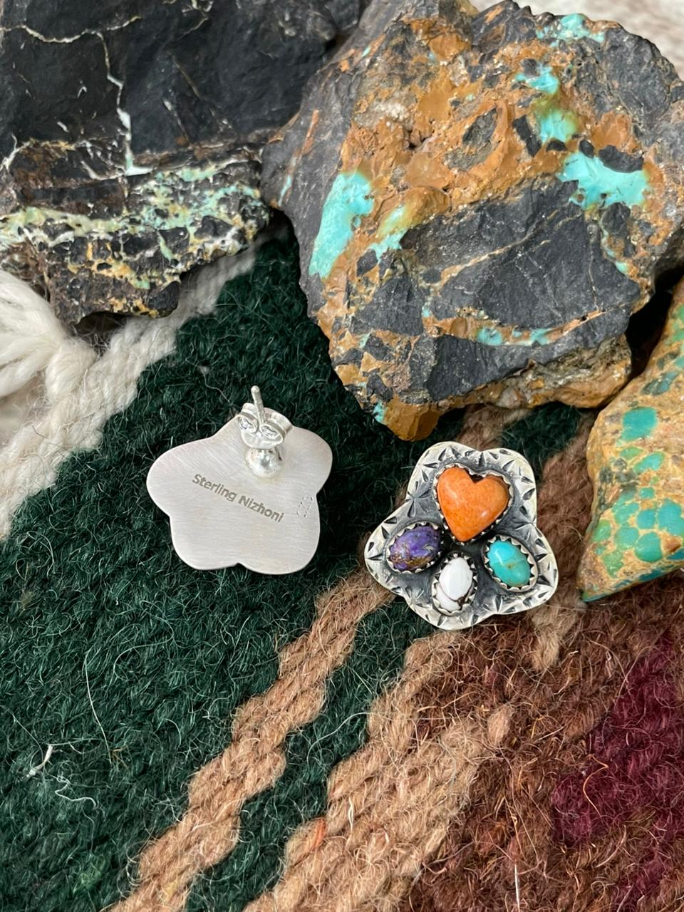 Handmade Sterling Silver Multi Stone Post Stud Earrings "Signed Nizhoni"