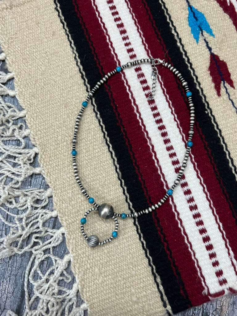 Handmade Sterling Silver Kingman Turquoise Beaded Necklace with Signed Nizhoni
