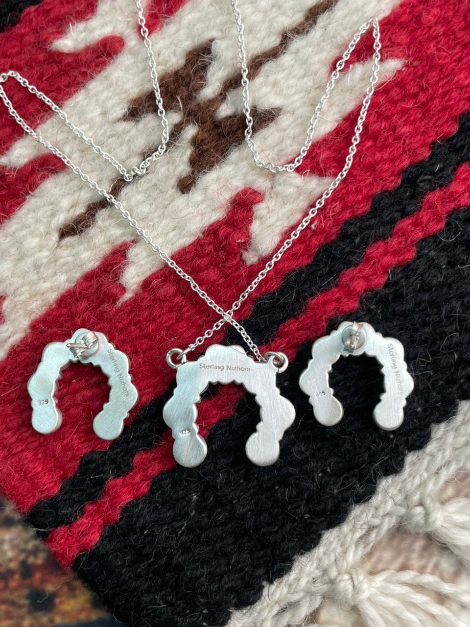 Handmade Sterling Silver Kingman Turquoise Necklace Earrings Set "Signed Nizhoni"