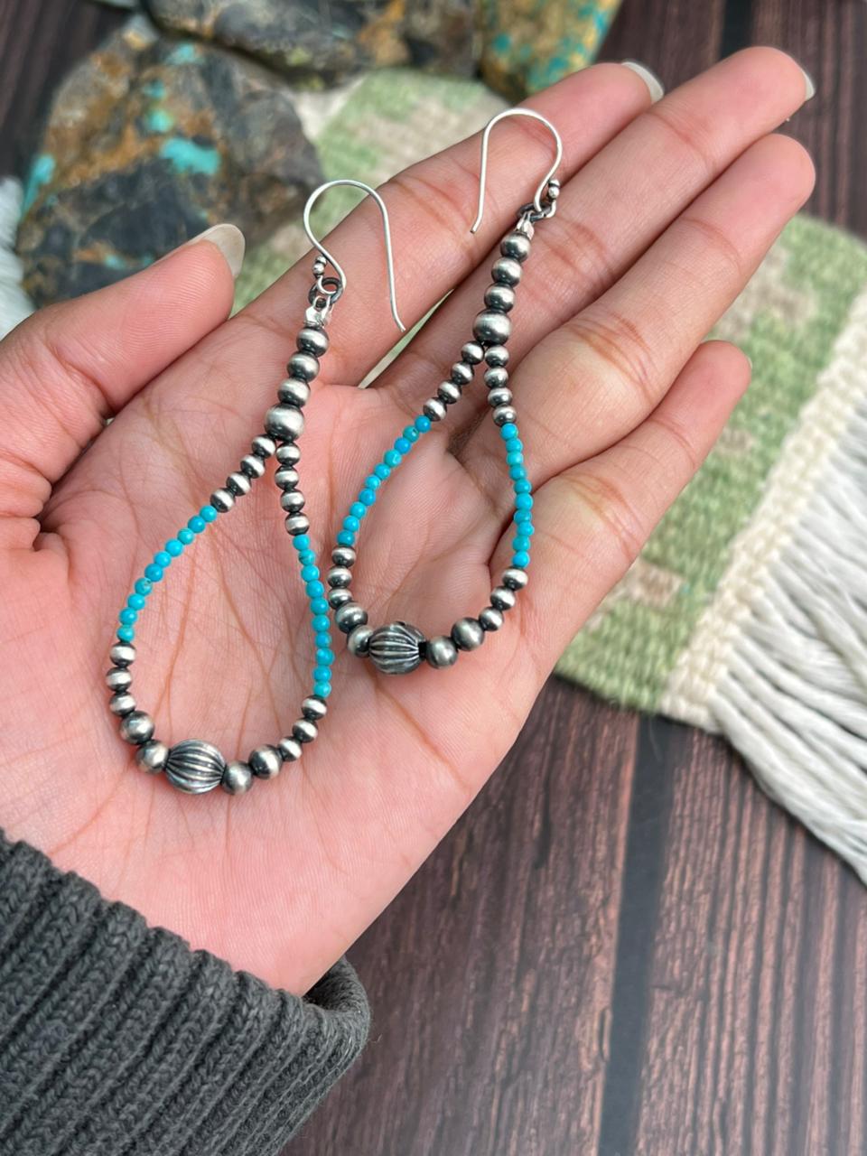 Handmade Sterling Silver Kingman Turquoise Hook Beaded Earrings