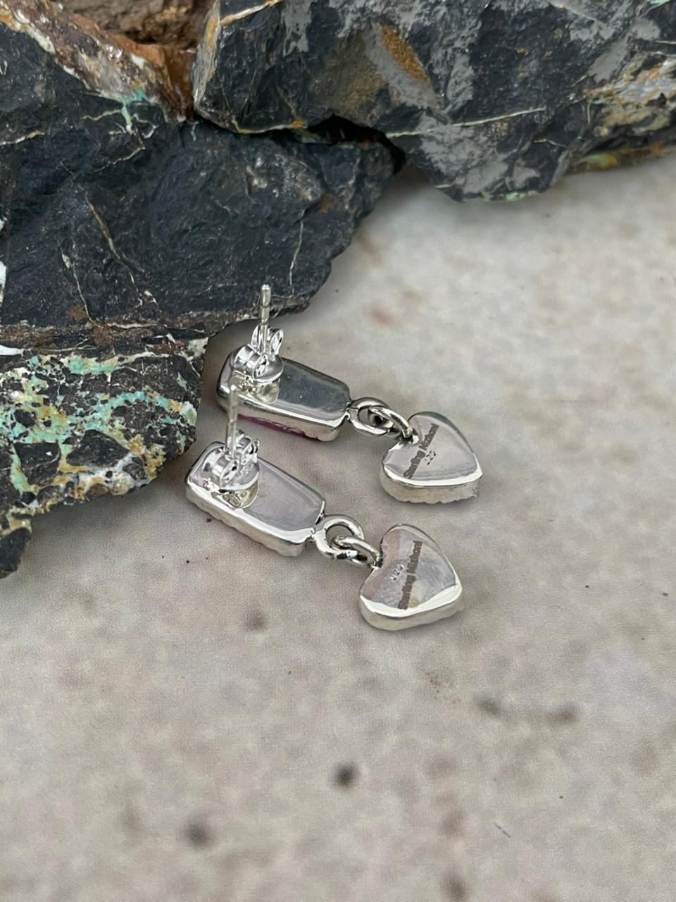 "Heart Collection" Handmade Sterling Silver Hot Pink Post Dangle Earrings "Signed Nizhoni"