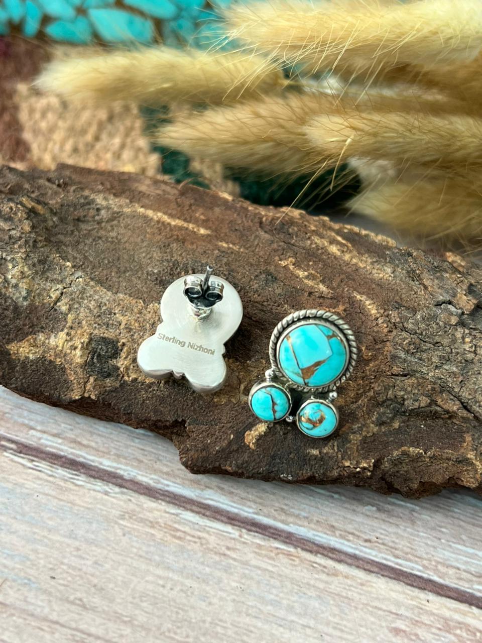 Handmade Sterling Silver Mint Dahlia Collection: Post Stud Earrings "Signed Nizhoni"