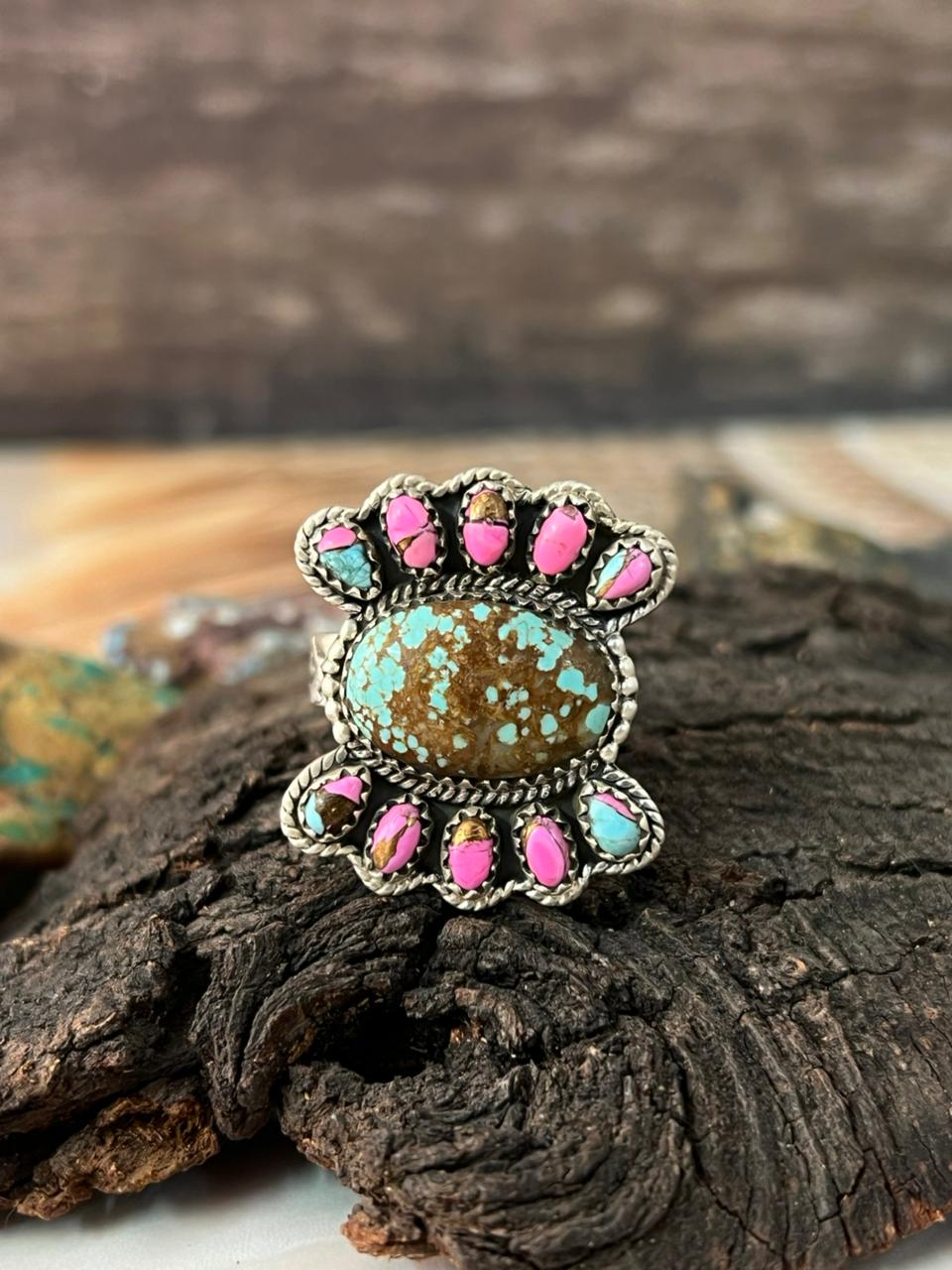 Handmade Sterling Silver Number 8 with Cotton Candy Adjustable Ring "Signed Nizhoni"