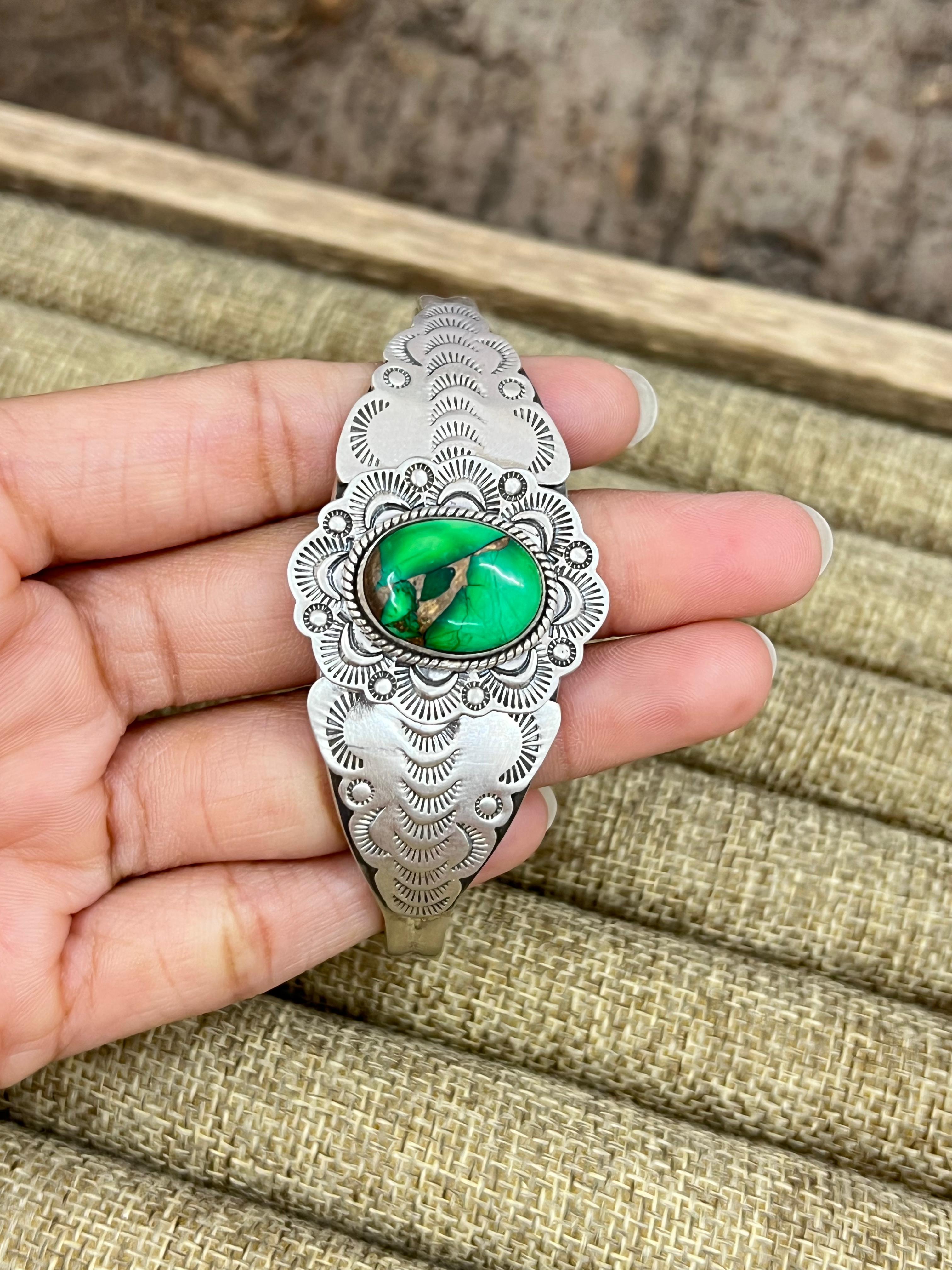 Handmade Sterling Silver Kelly Green Dahlia Cuff Bracelet with Signed Nizhoni