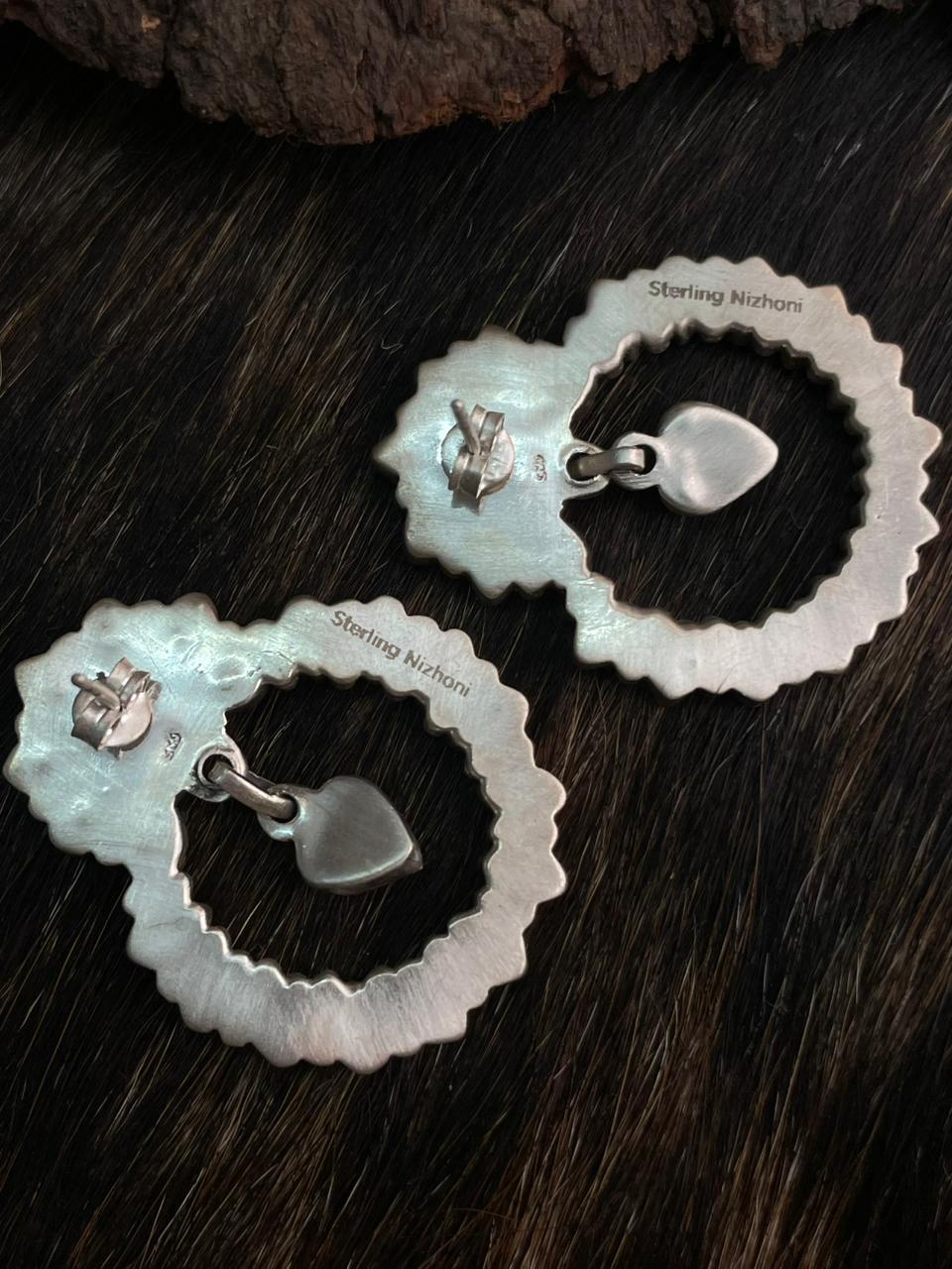 Handmade Sterling Silver Kingman Turquoise Post Dangle Hoop Earrings "Signed Nizhoni"