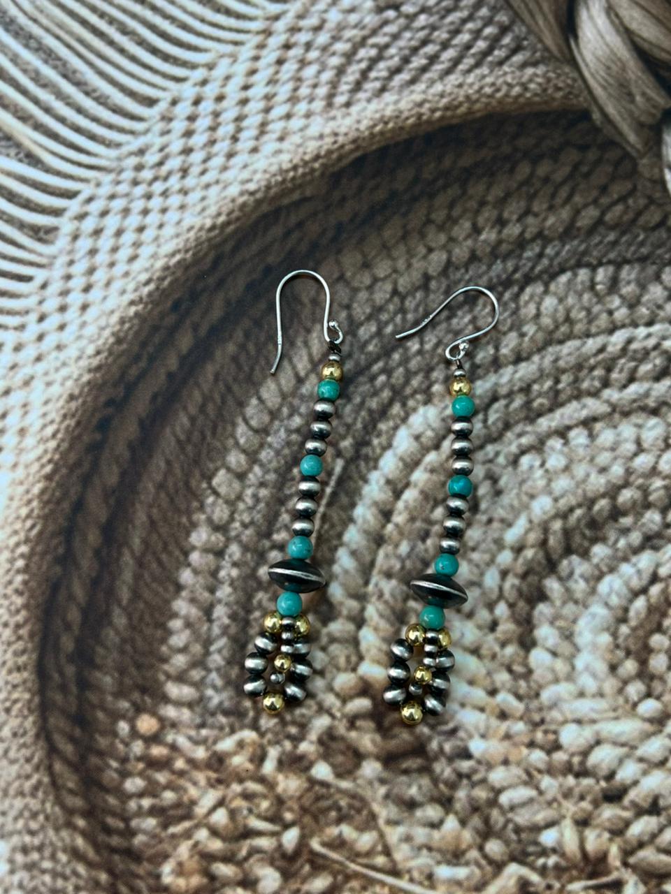 Handmade Sterling Silver Kingman Turquoise Hook Dangle Beaded Earrings