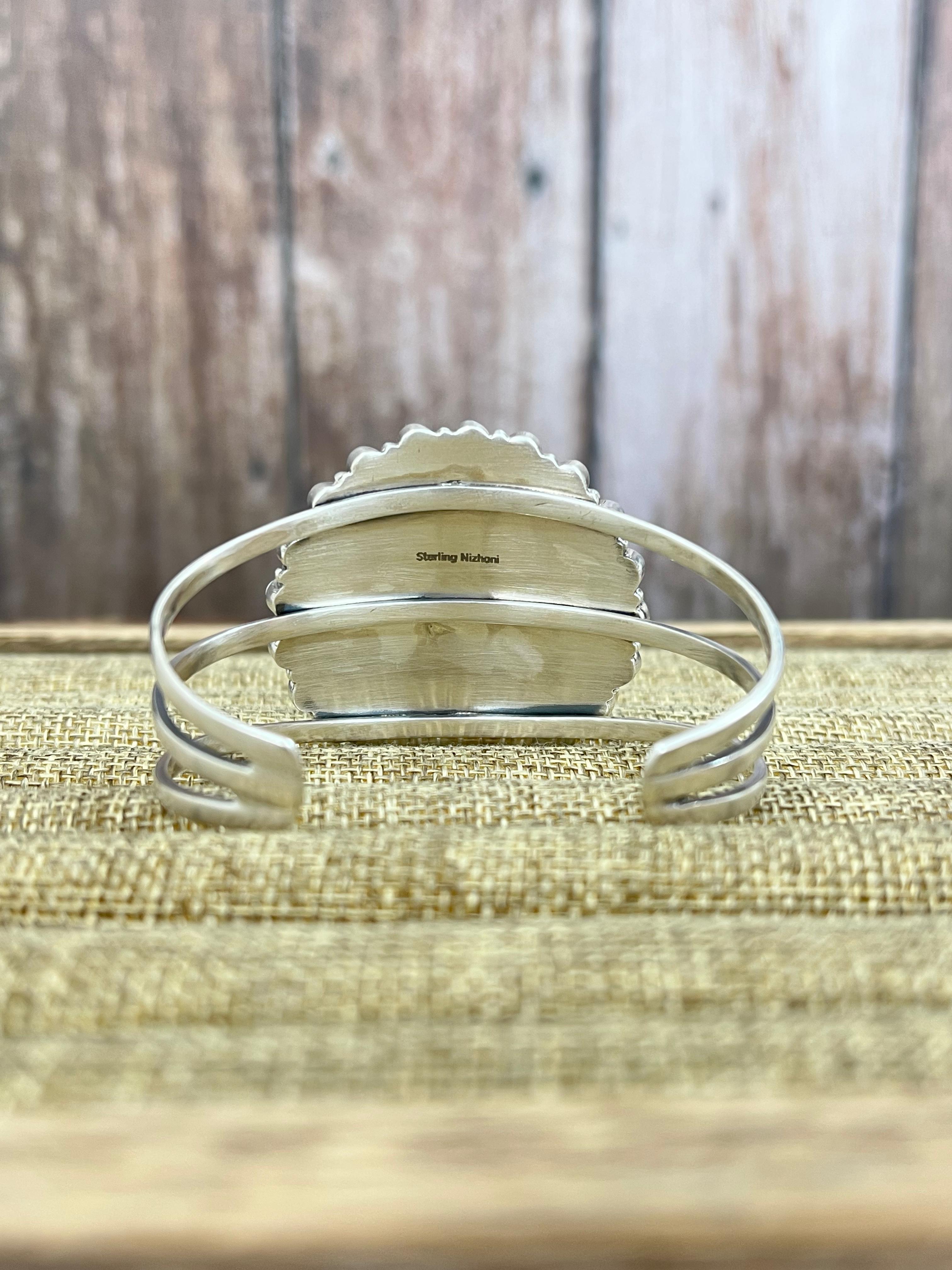 Handmade Sterling Silver White Buffalo Turquoise Cuff Bracelet with Signed Nizhoni