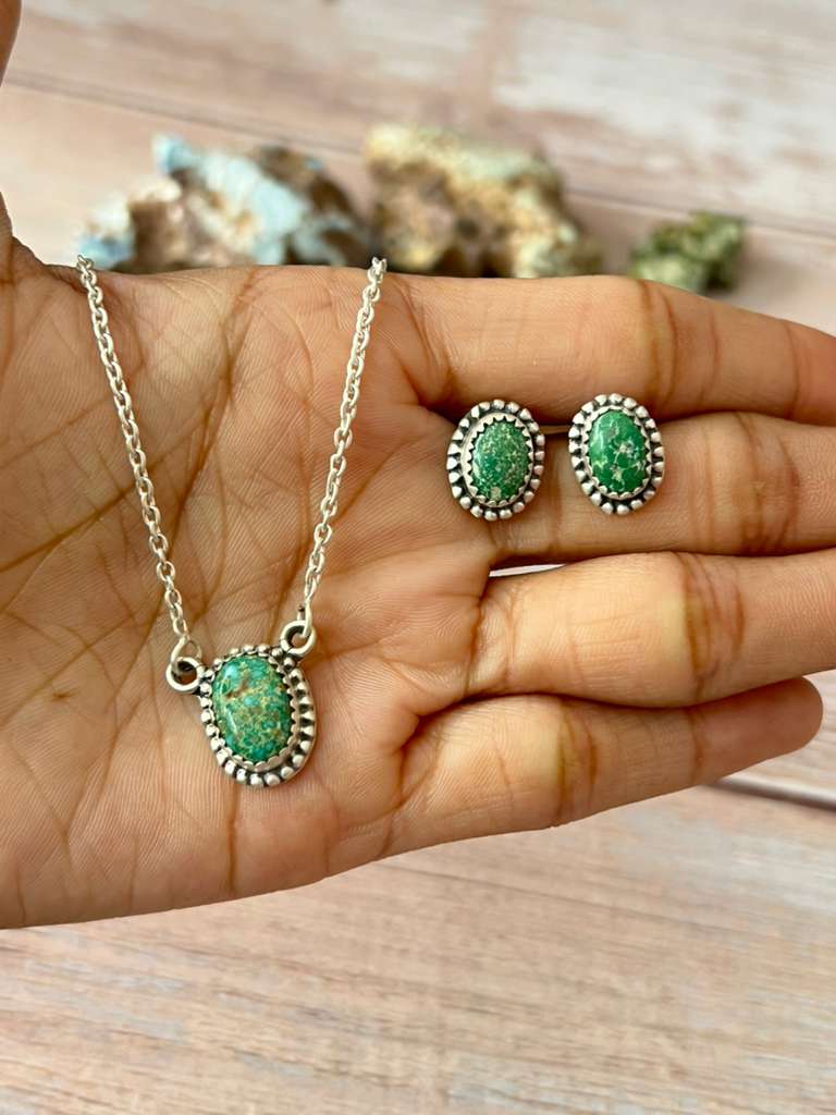 Handmade Sterling Silver Emerald Valley Turquoise Necklace Earrings Set with Signed Nizhoni (2)