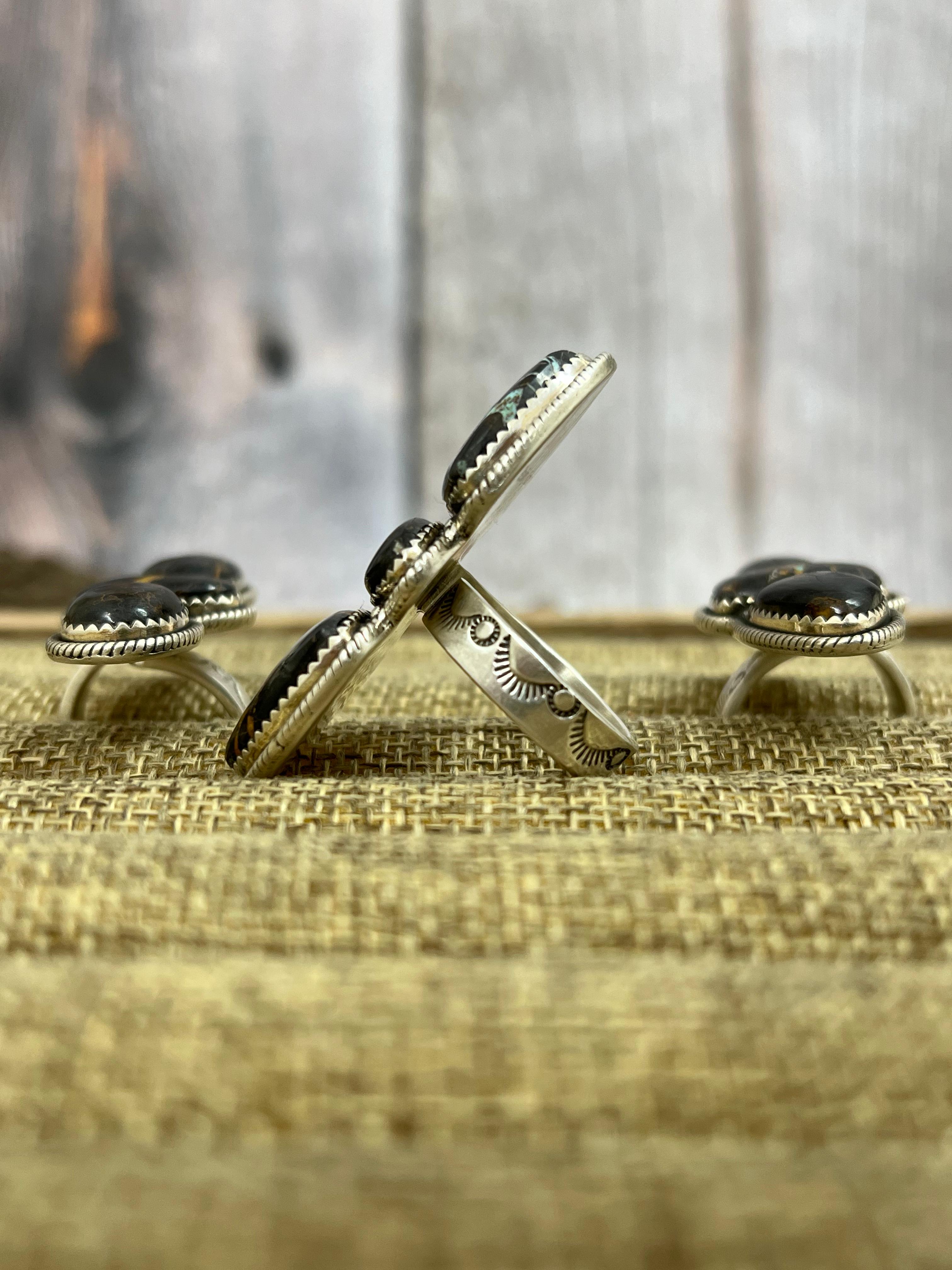 Handmade Sterling Silver Black Jack Adjustable Ring with Signed Nizhoni