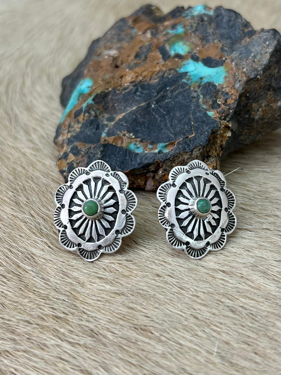 Handmade Sterling Silver Kingman Turquoise Post Studs Earrings "Signed Nizhoni"