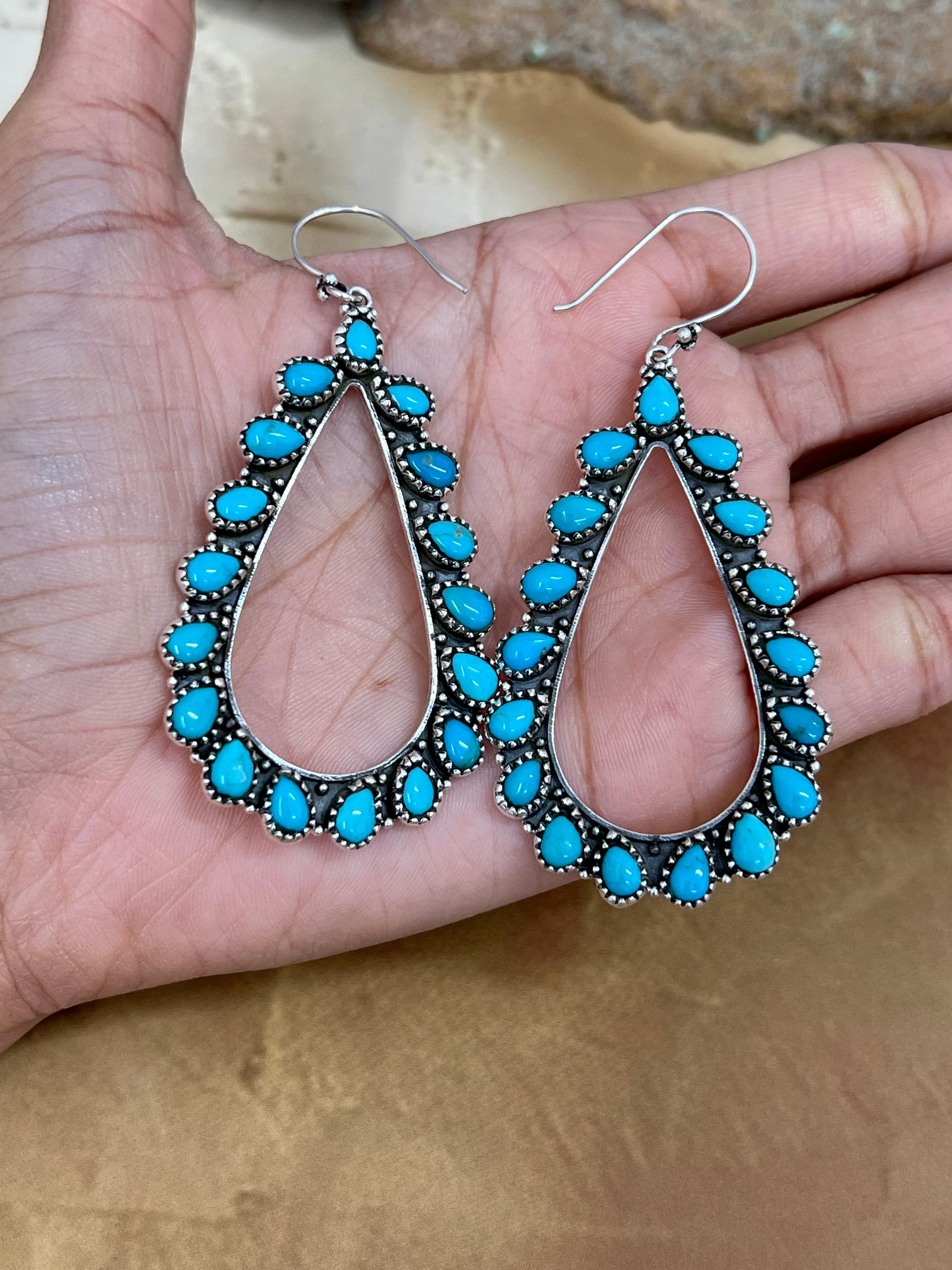 Handmade Sterling Silver Kingman Turquoise Hoop Post Earrings with Signed Nizhoni