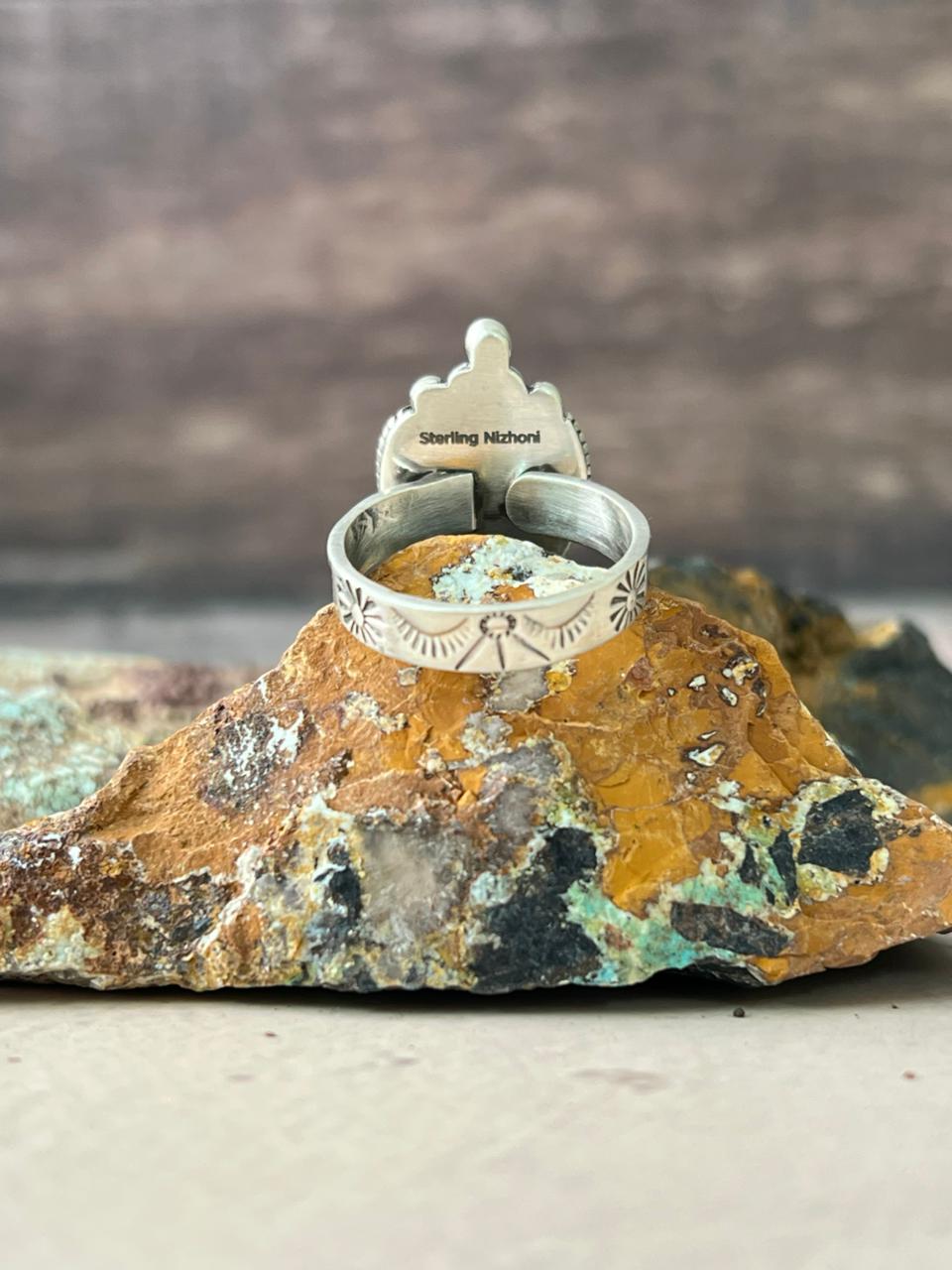 Handmade Sterling Silver Emerald Valley Turquoise Adjustable Ring "Signed Nizhoni"