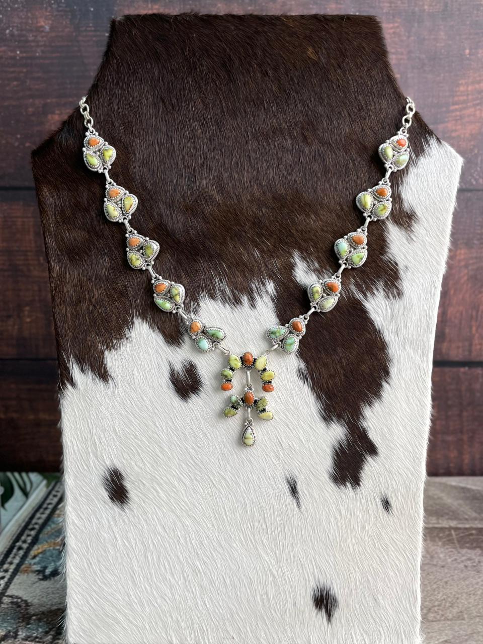 Handmade Sterling Silver Apple Coral and Palomino Necklace "Signed Nizhoni"