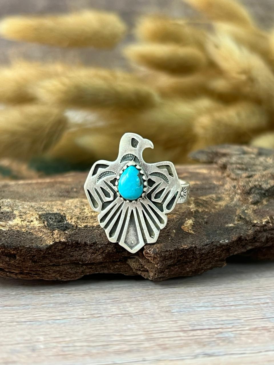 Handmade Sterling Silver Kingman Turquoise Thunder Bird Adjustable Ring "Signed Nizhoni"
