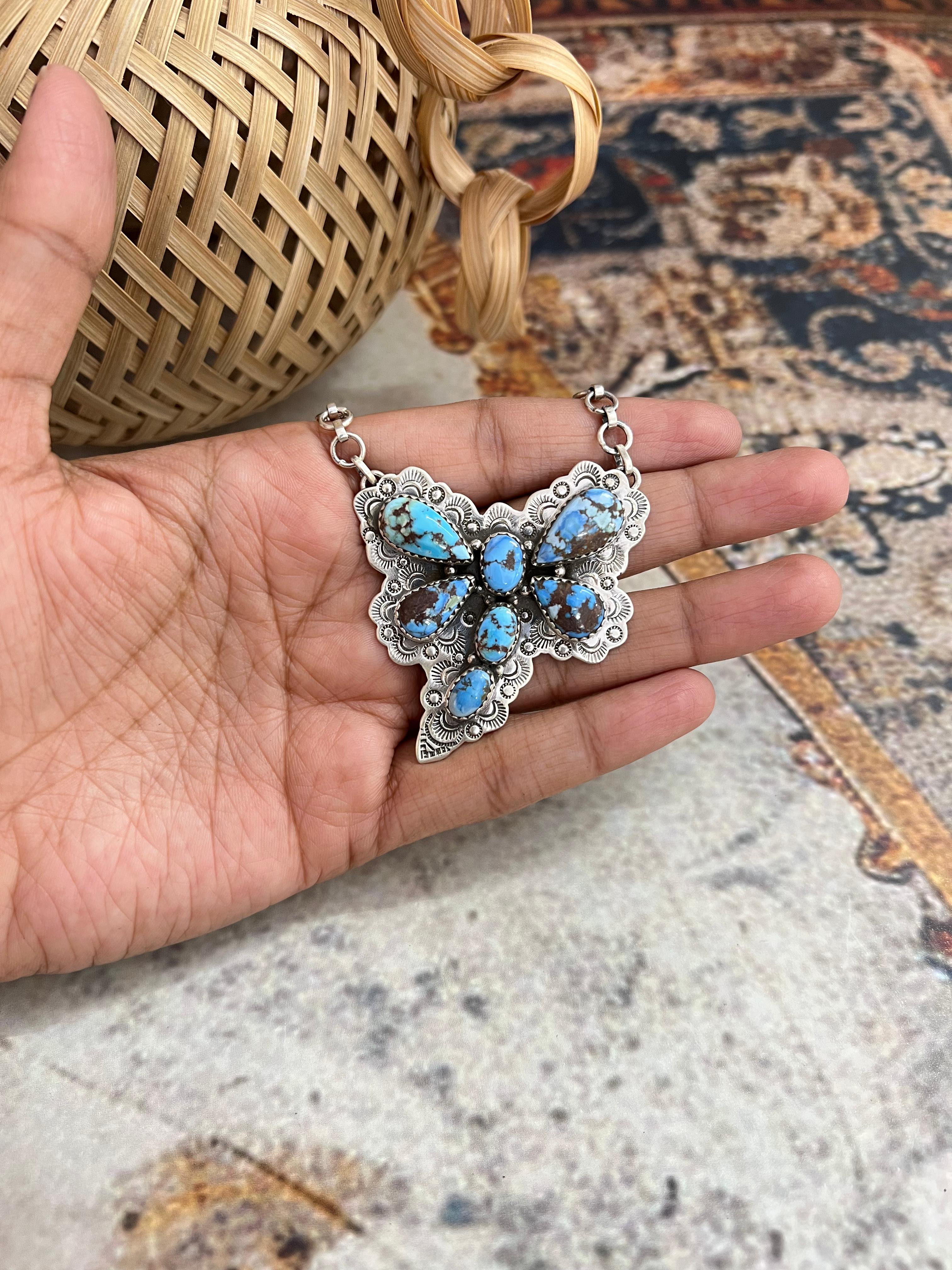 Handmade Sterling Silver Golden Hills Turquoise Dragonfly Necklace with Signed Nizhoni