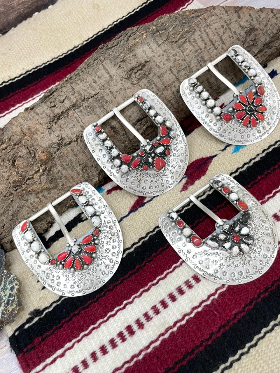 Handmade Sterling Silver Belt Buckle White Buffalo with Red Opal "Signed Nizhoni"