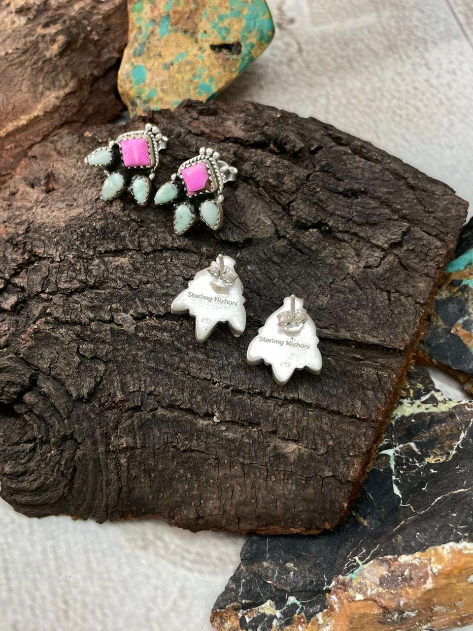 Handmade Sterling Silver Cotton Candy with Paloma Post Studs Earrings "Signed Nizhoni"