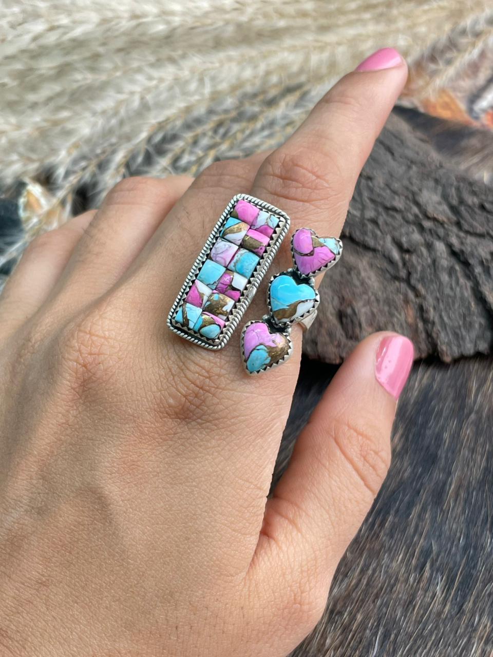 Handmade Sterling Silver 'Cotton Candy Cobble Collection' Adjustable Ring "Signed Nizhoni"