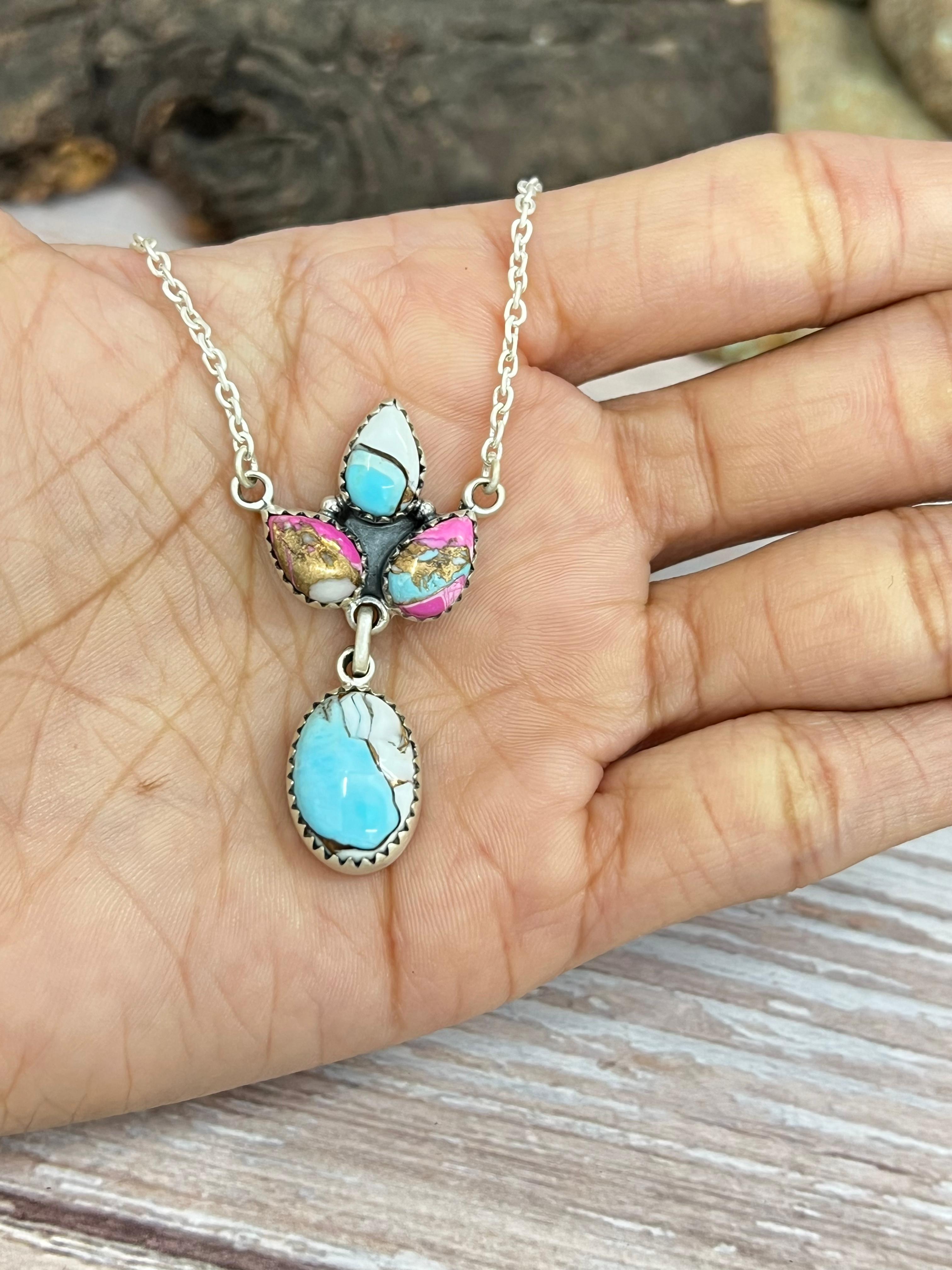 Handmade Sterling Silver Cotton Candy Turquoise Necklace with Signed Nizhoni