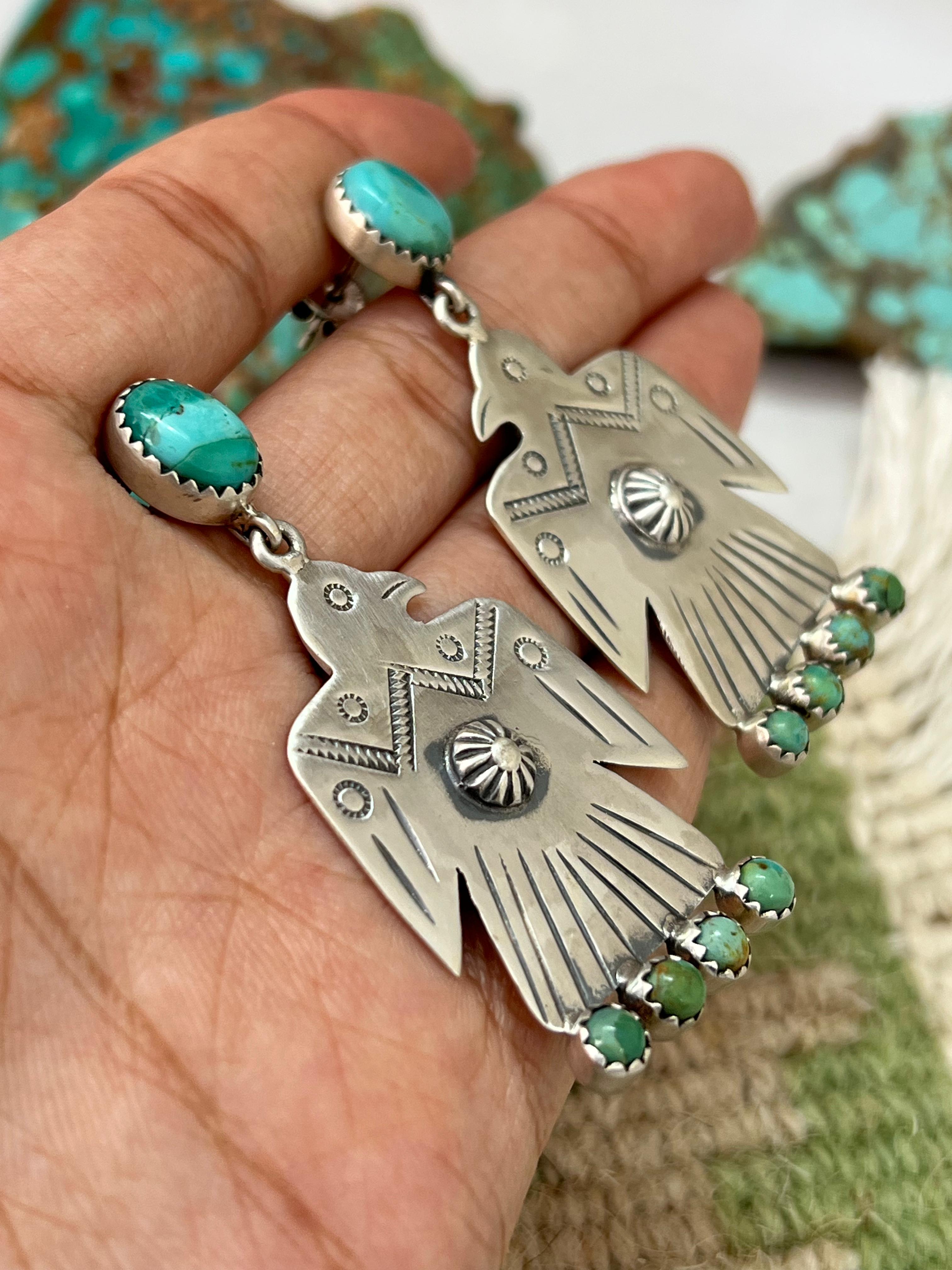 Handmade Sterling Silver Kingman Turquoise Thunder Bird Post Dangle Earrings with Signed Nizhoni
