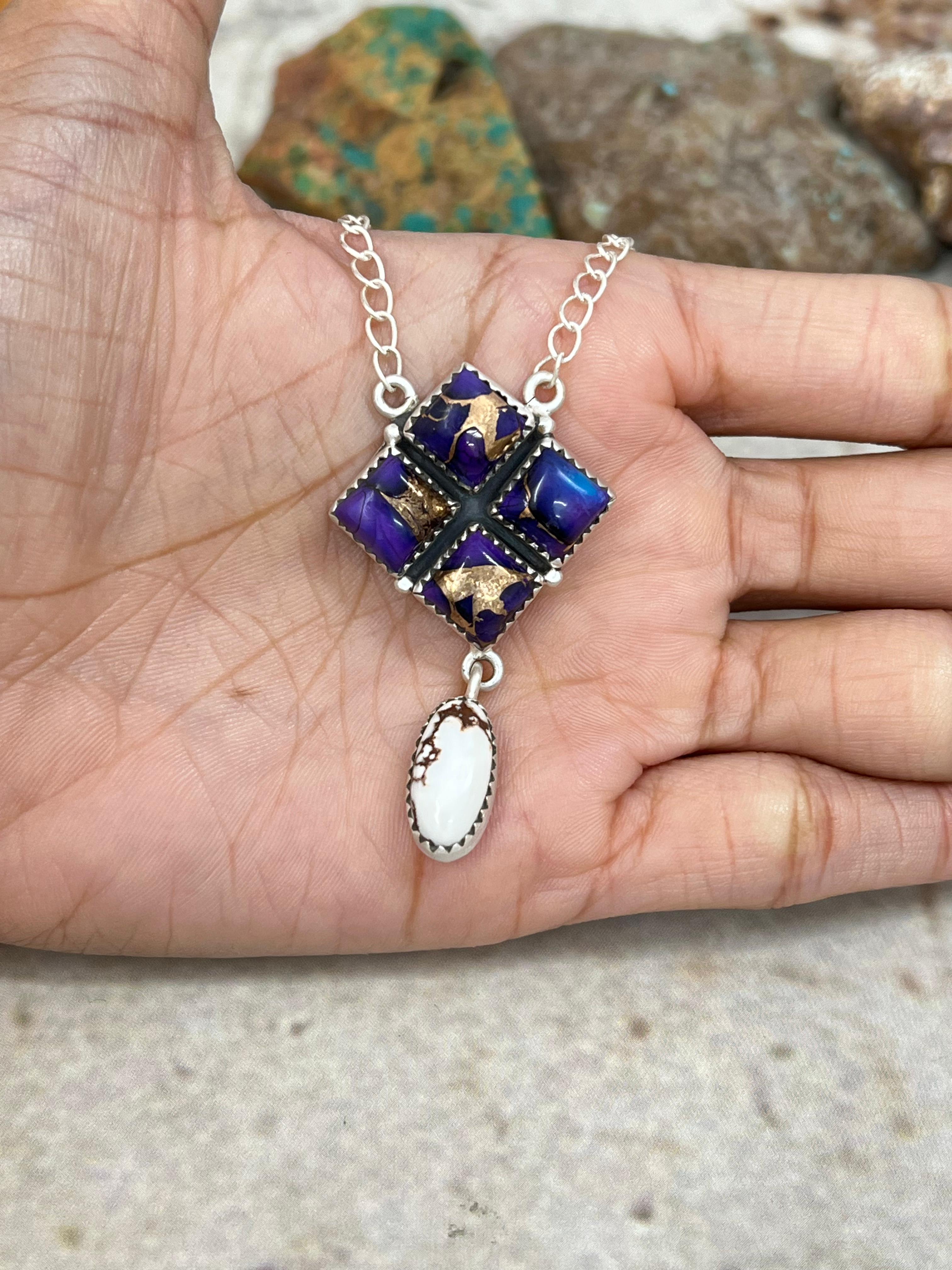 Handmade Sterling Silver Grape Dahlia with Wild Horse Necklace with Signed Nizhoni