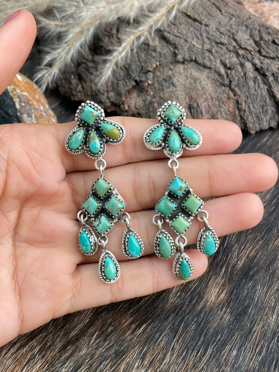 Handmade Sterling Silver Kingman Turquoise Post Dangle Earrings "Signed Nizhoni"