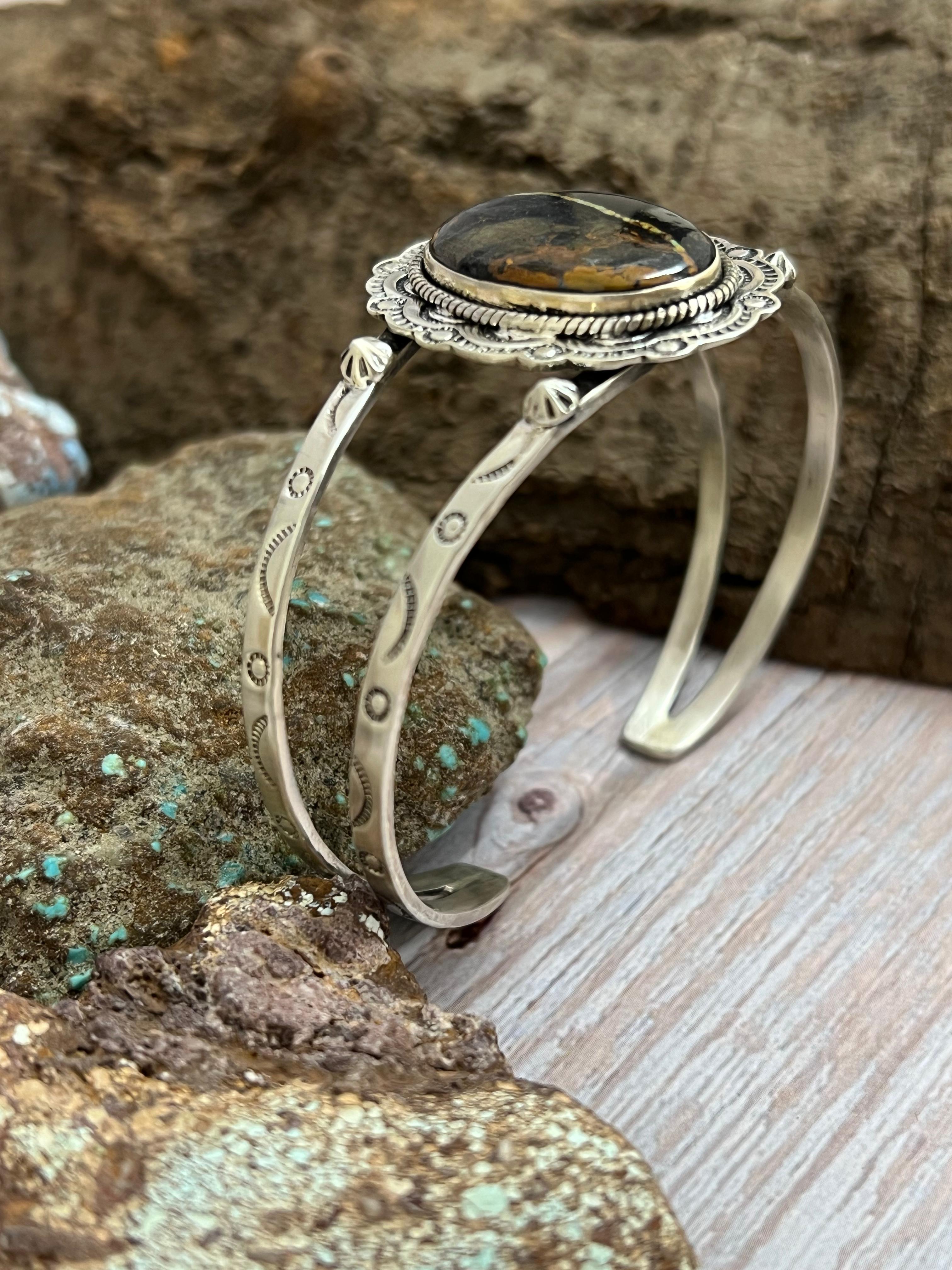 Handmade Sterling Silver Black Jack Cuff Bracelet with Signed Nizhoni