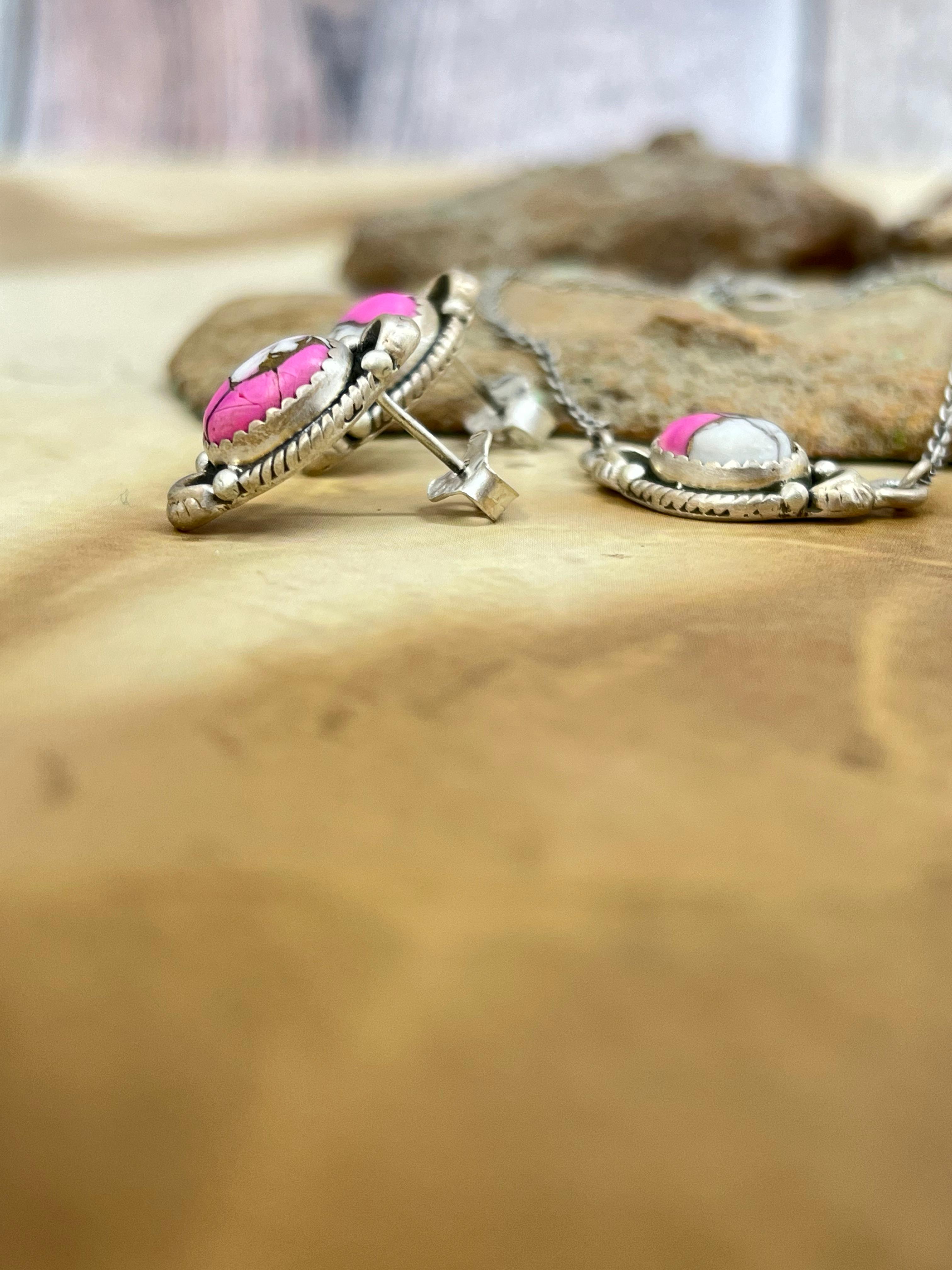 Handmade Sterling Silver Cotton Candy Turquoise Necklace Earrings Set, Signed Nizhoni