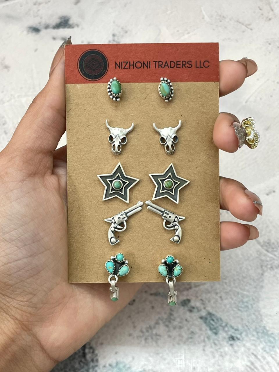 Handmade Sterling Silver Kingman Turquoise Post Studs Earrings Set