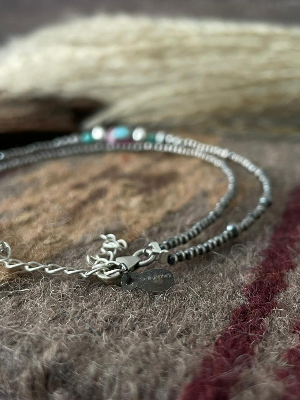 Handmade Sterling Silver Cotton Candy with Kingman Turquoise Double Strand Beaded Anklet "Signed Nizhoni"