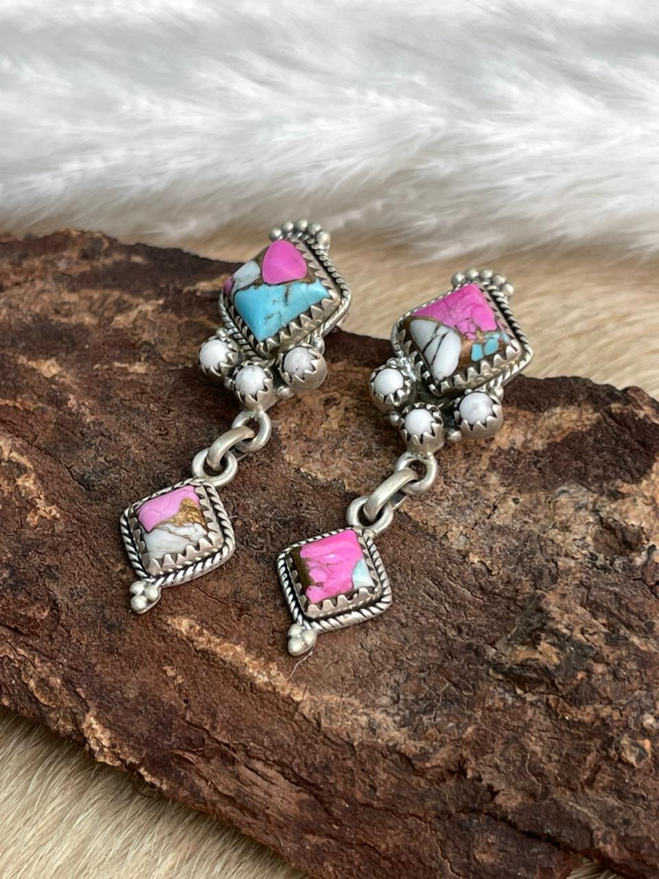 Handmade Sterling Silver Cotton Candy Post Dangle Earrings "Signed Nizhoni"