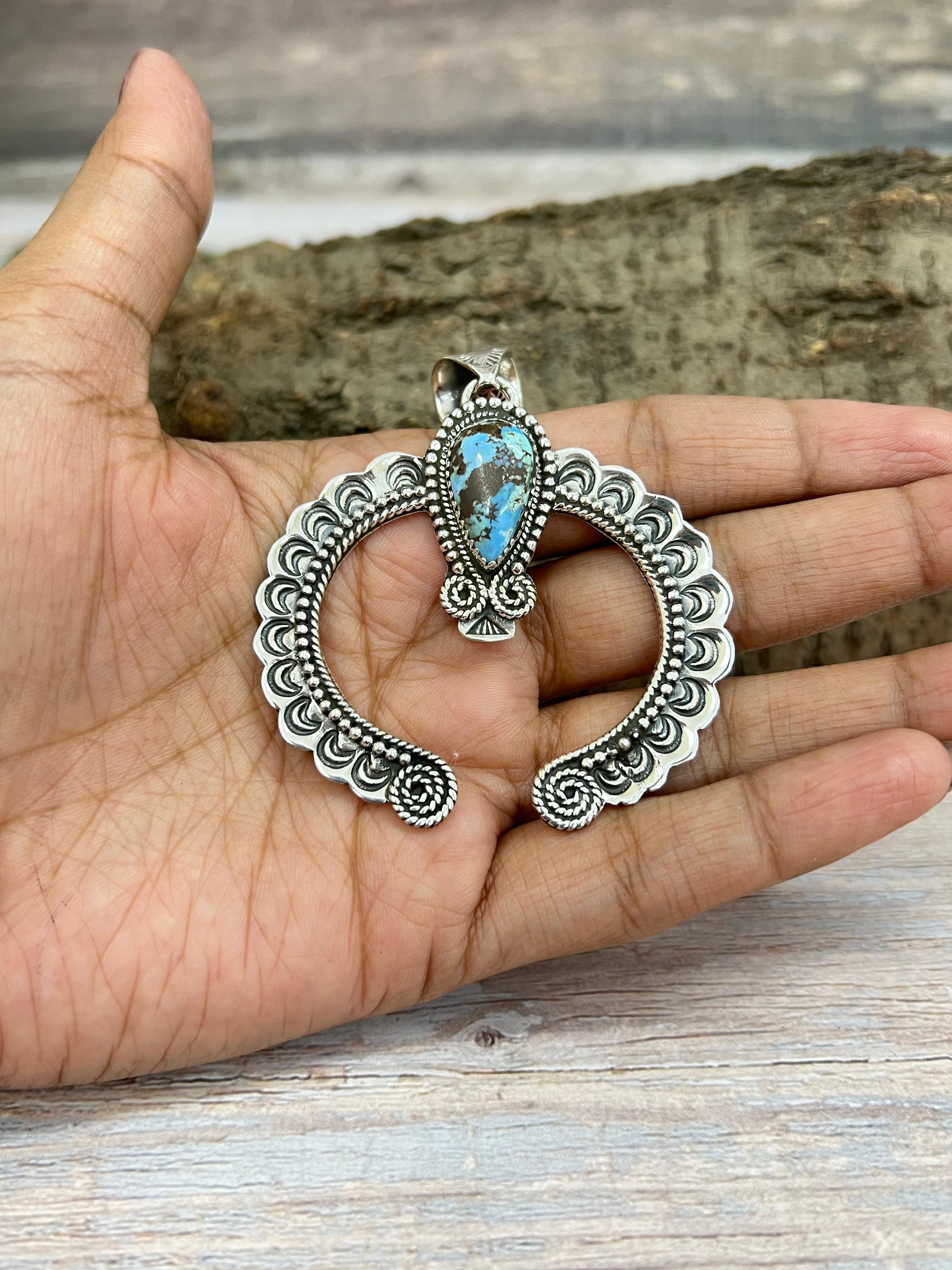 Handmade Sterling Silver Golden Hills Turquoise Pendant with Signed Nizhoni