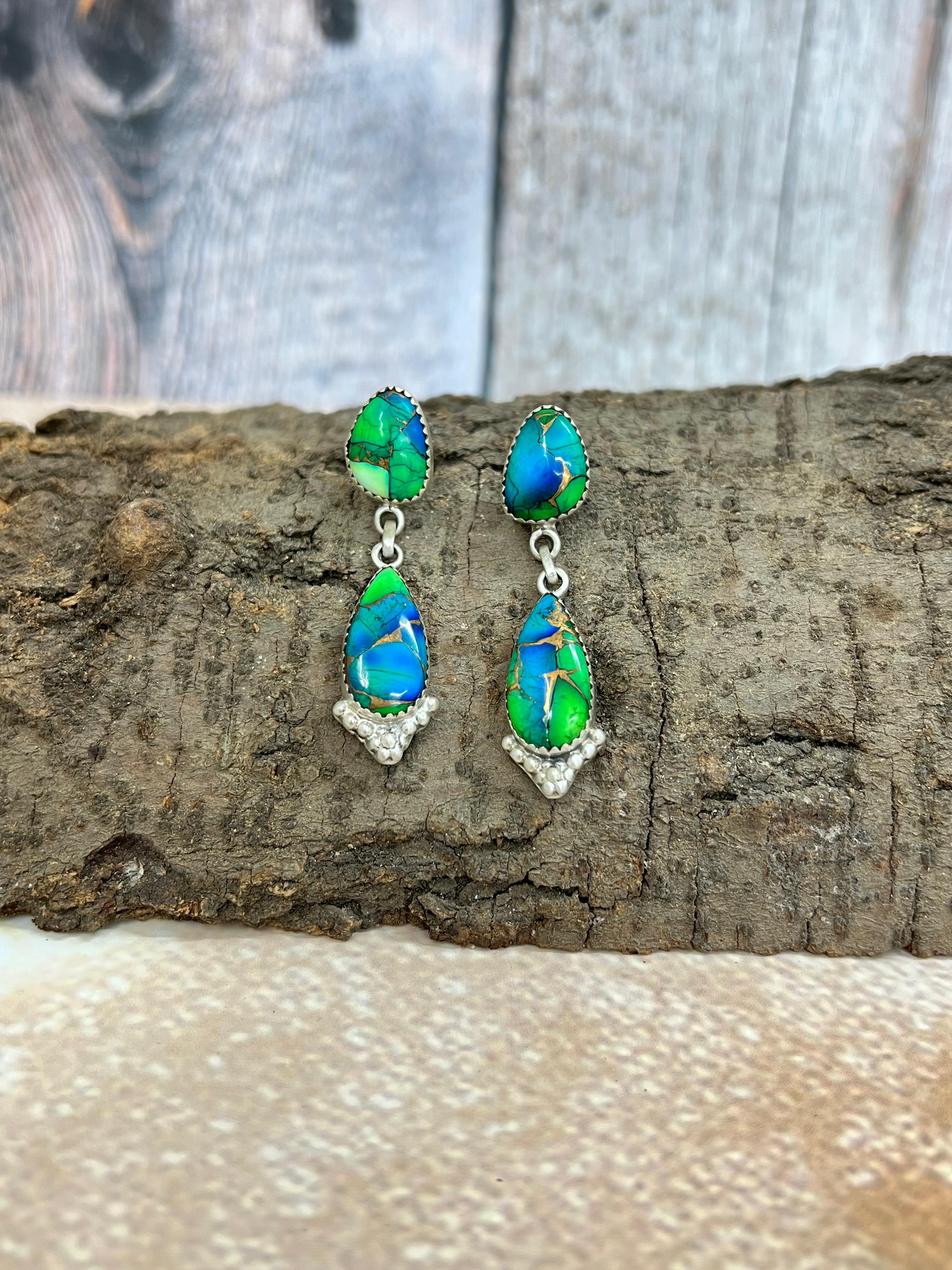 Handmade Sterling Silver Peacock Dahlia Post Earrings with Signed Nizhoni