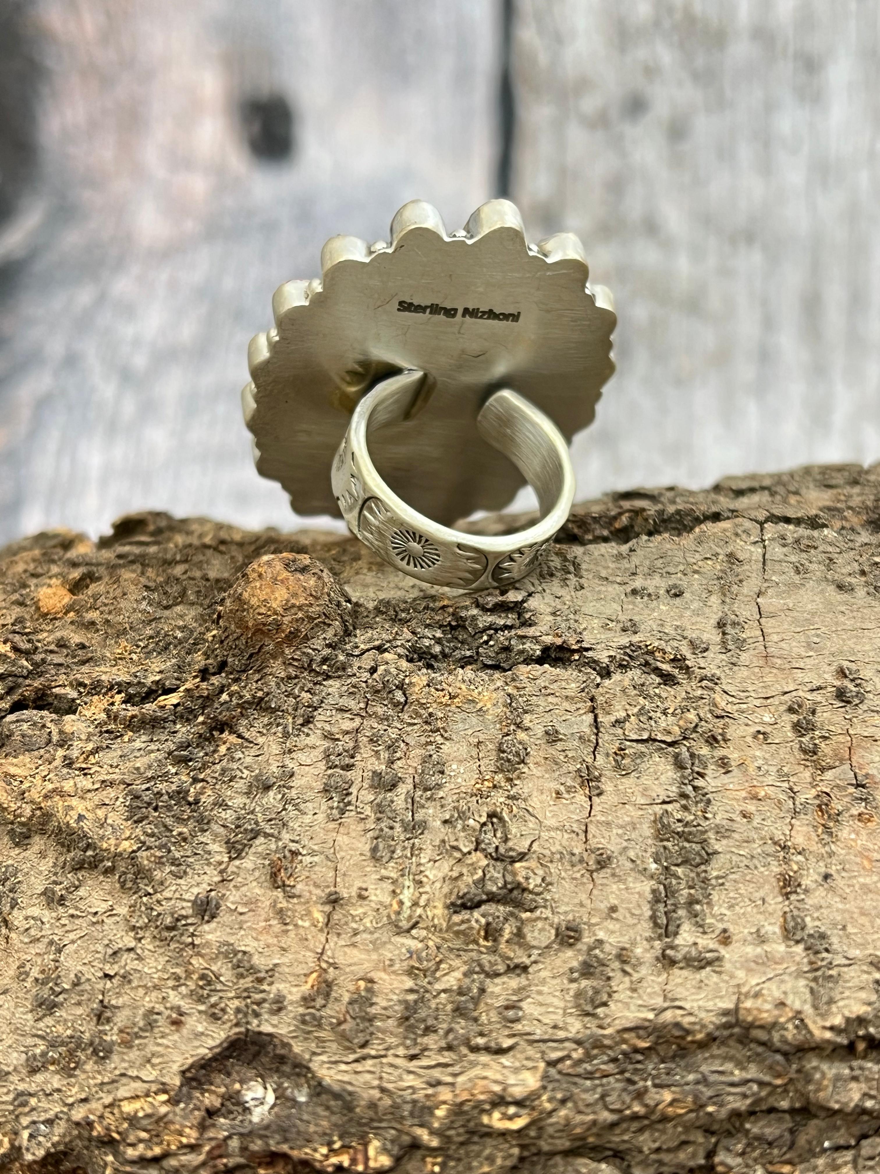 Handmade Sterling Silver Number 8 with Dahlia Rose Adjustable Ring with Signed Nizhoni