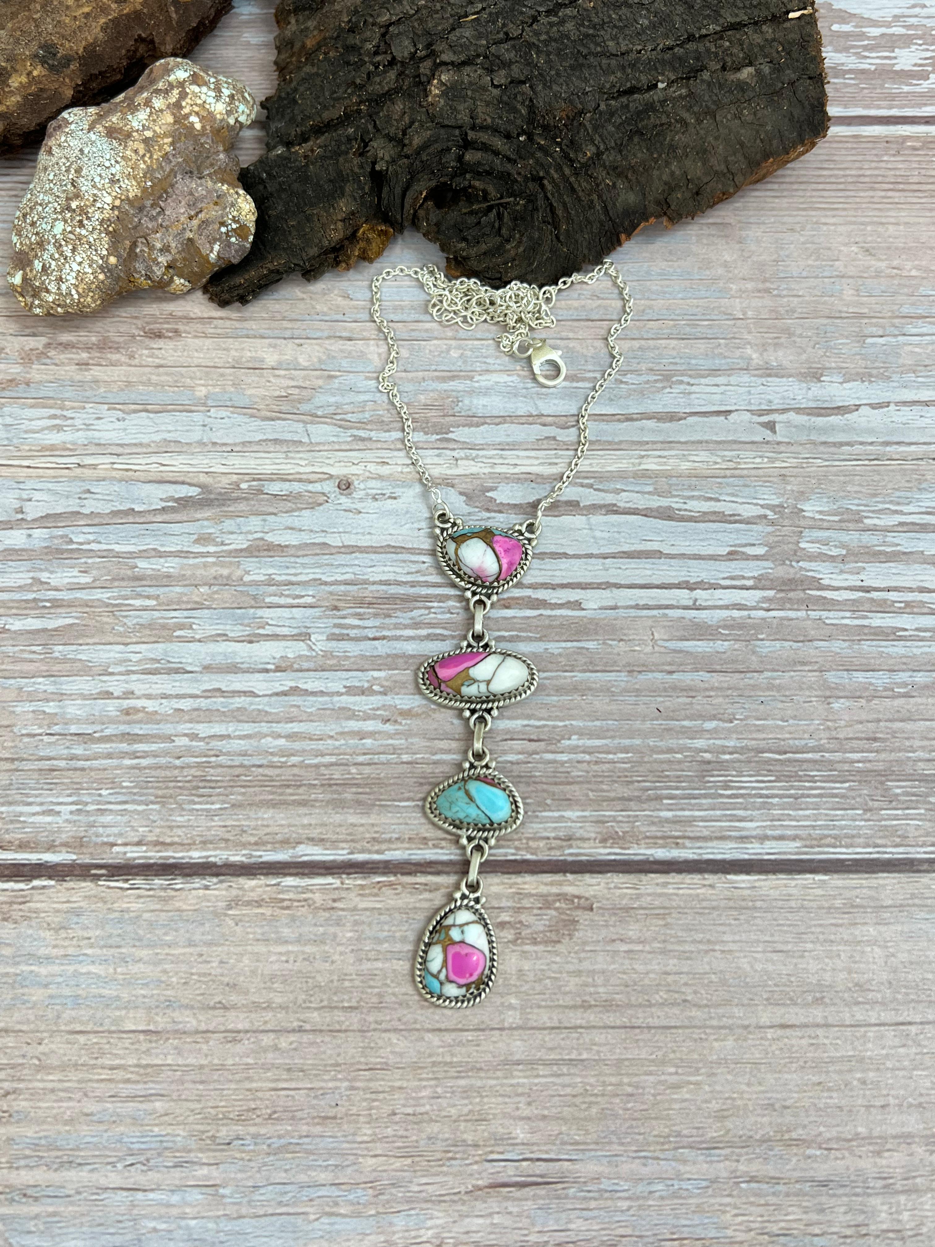 Handmade Sterling Silver Cotton Candy Turquoise Necklace with Signed Nizhoni