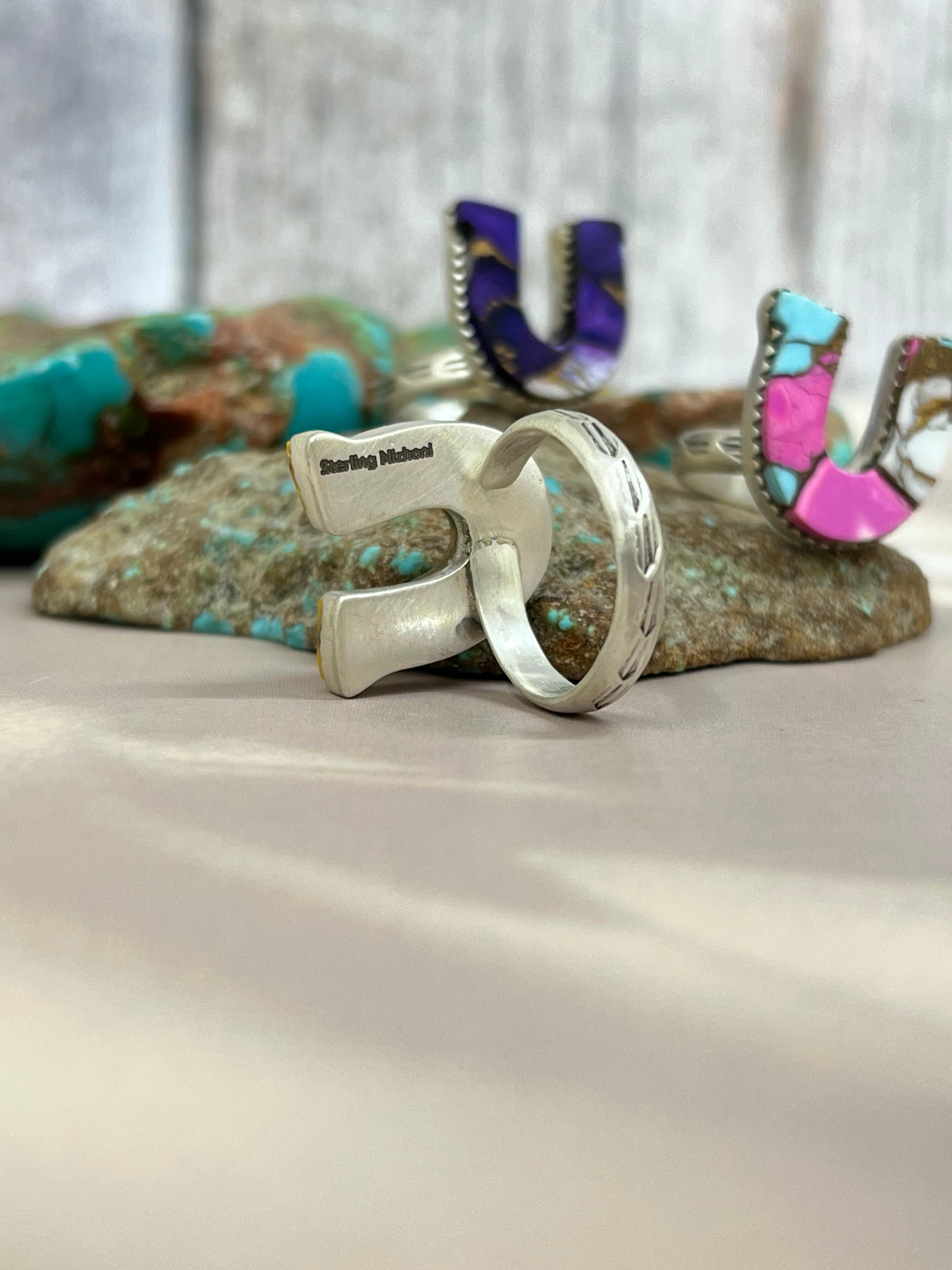 Handmade Horseshoe Sterling Silver Multistone Turquoise Adjustable Ring Signed Nizhoni