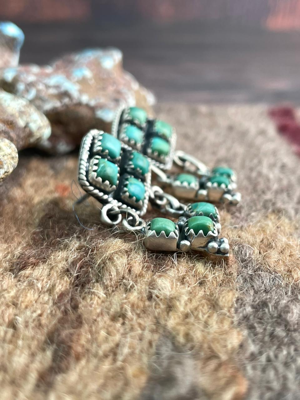 Handmade Sterling Silver Kingman Turquoise Post Dangle Earrings "Signed Nizhoni"