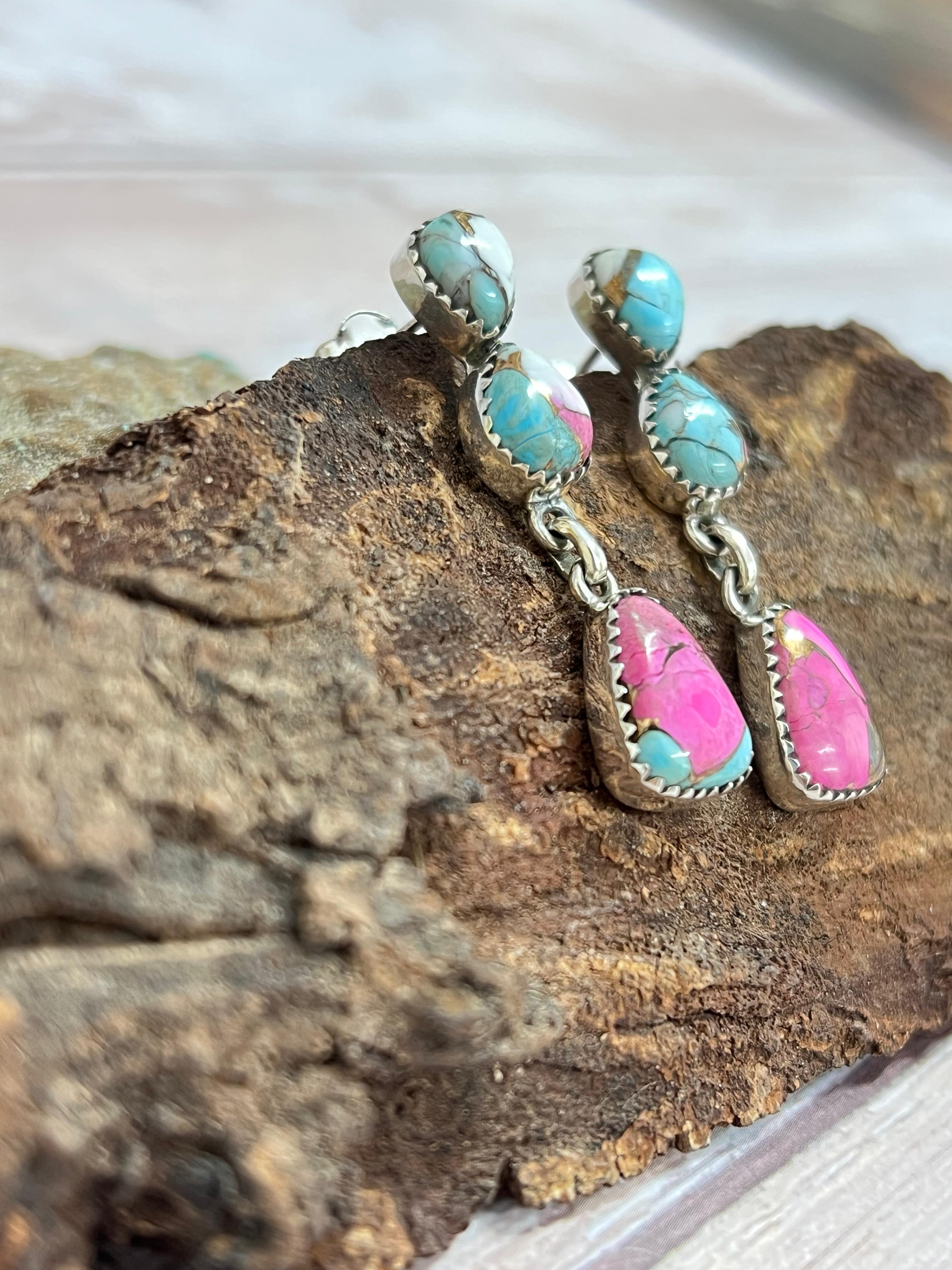 Handmade Sterling Silver Cotton Candy Turquoise Dangle Earrings with Signed Nizhoni