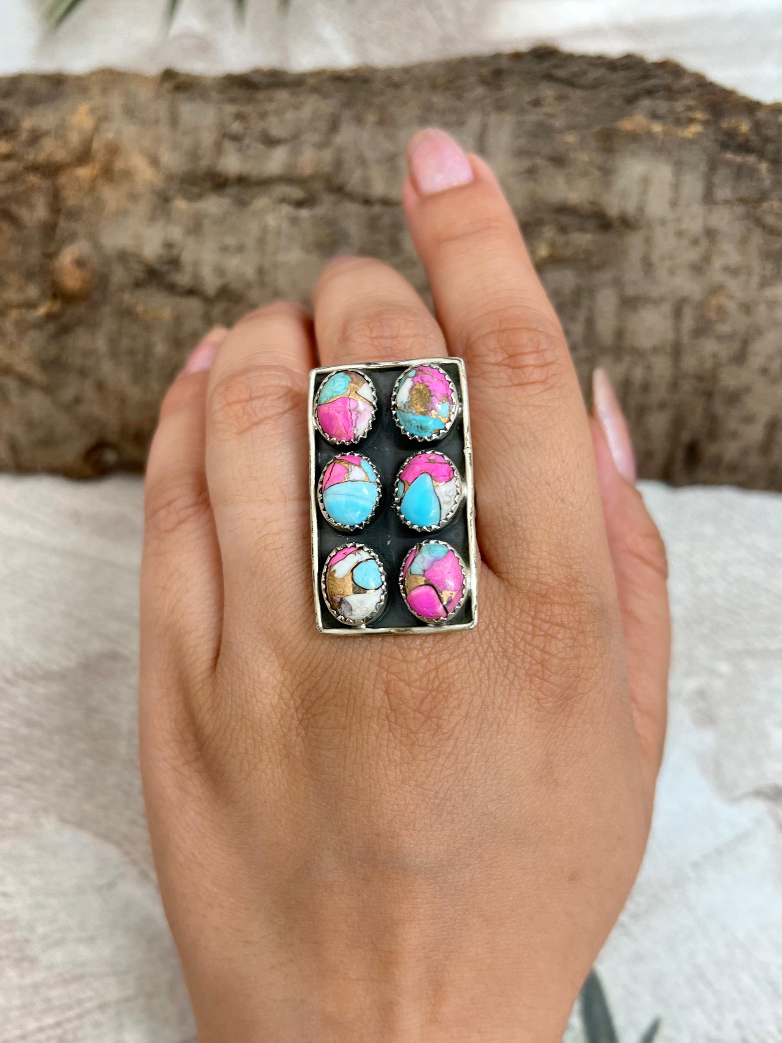 Handmade Sterling Silver Cotton Candy Turquoise Adjustable Ring with Signed Nizhoni