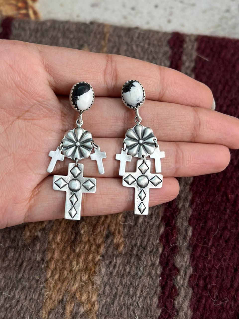 Handmade Sterling Silver White Buffalo Post Earrings "Signed Nizhoni"