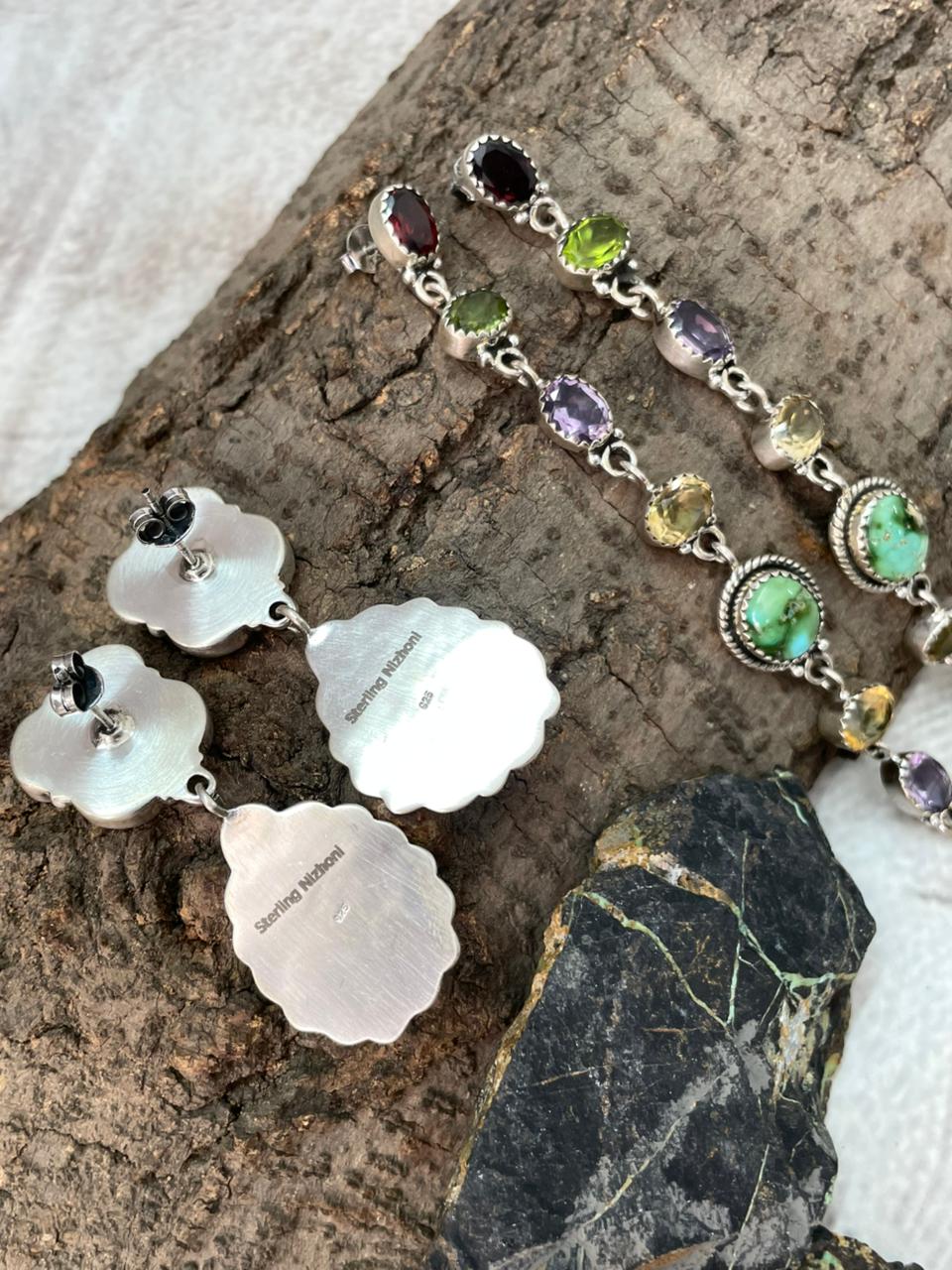 Handmade Sterling Silver Sonoran with Cut Stones Post Dangle Earrings "Signed Nizhoni"