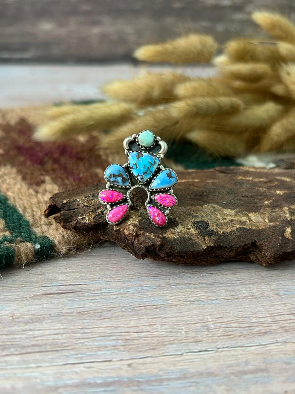 Handmade Sterling Silver Hot Pink with Golden Hills Turquoise Adjustable Ring "Signed Nizhoni"