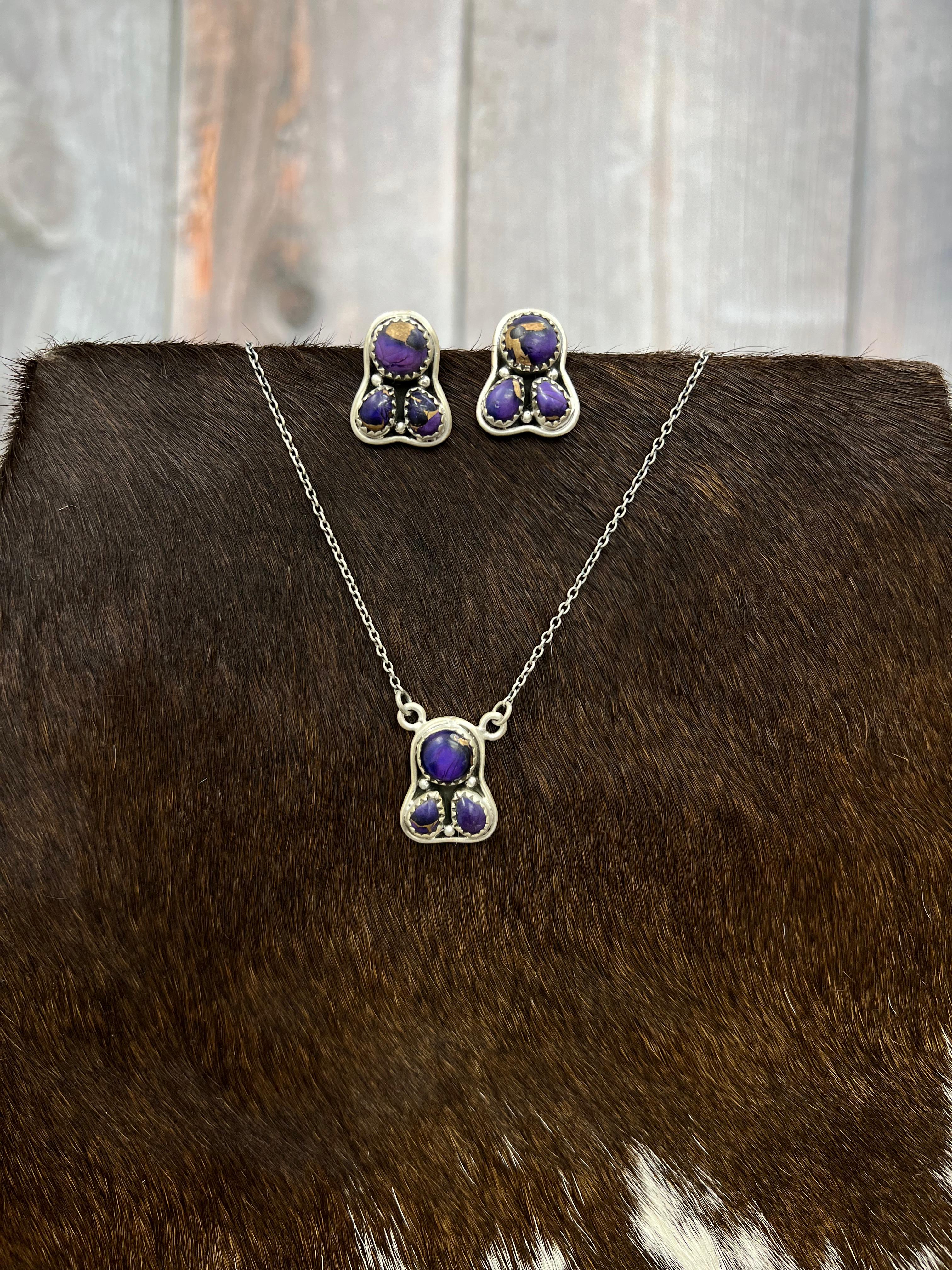 Handmade Sterling Silver Grape Dahlia Necklace Earrings Set, Signed Nizhoni