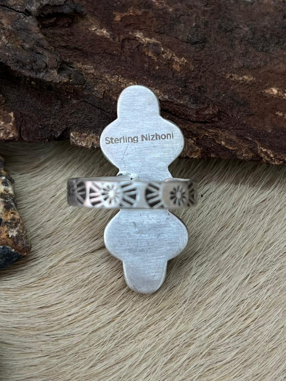 Handmade Sterling Silver Kingman Turquoise Adjustable Ring "Signed Nizhoni"