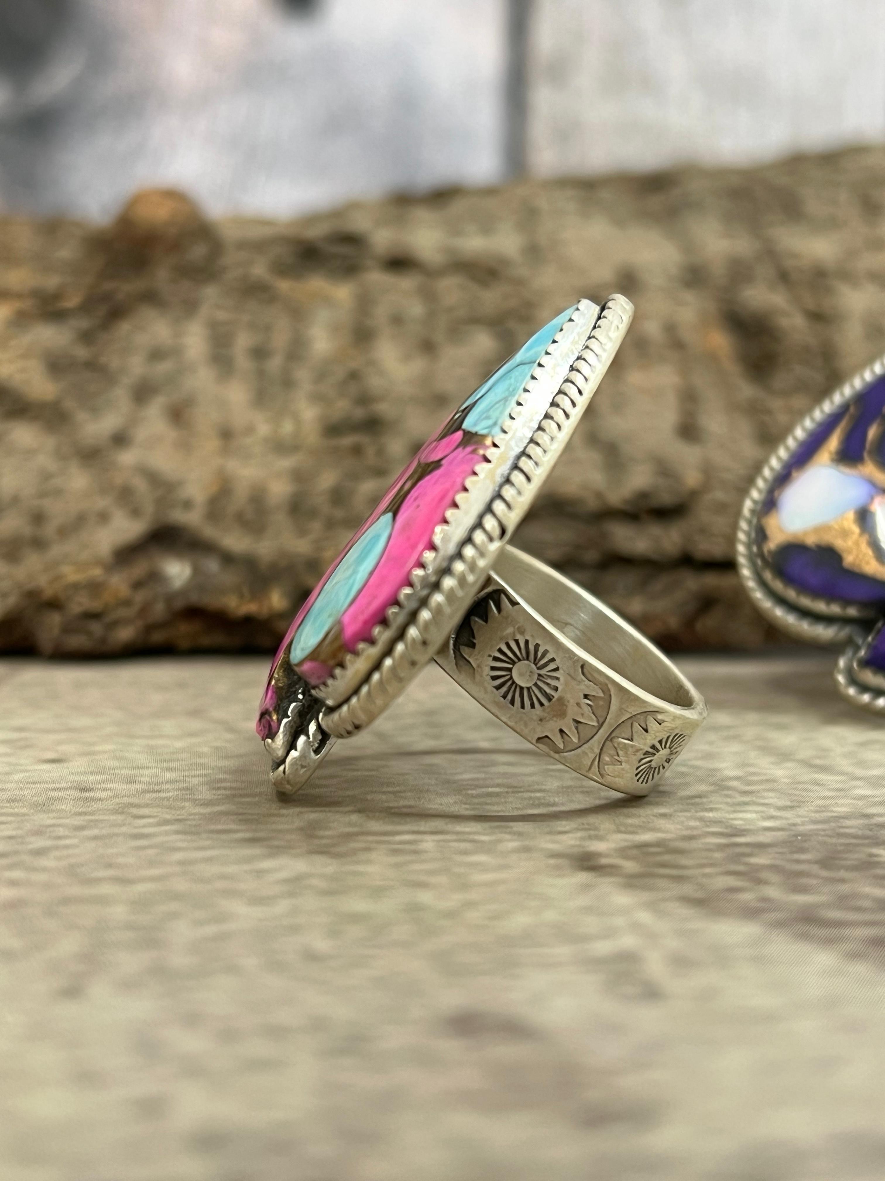 Handmade Sterling Silver Multi Stone Spade Adjustable Ring with Signed Nizhoni