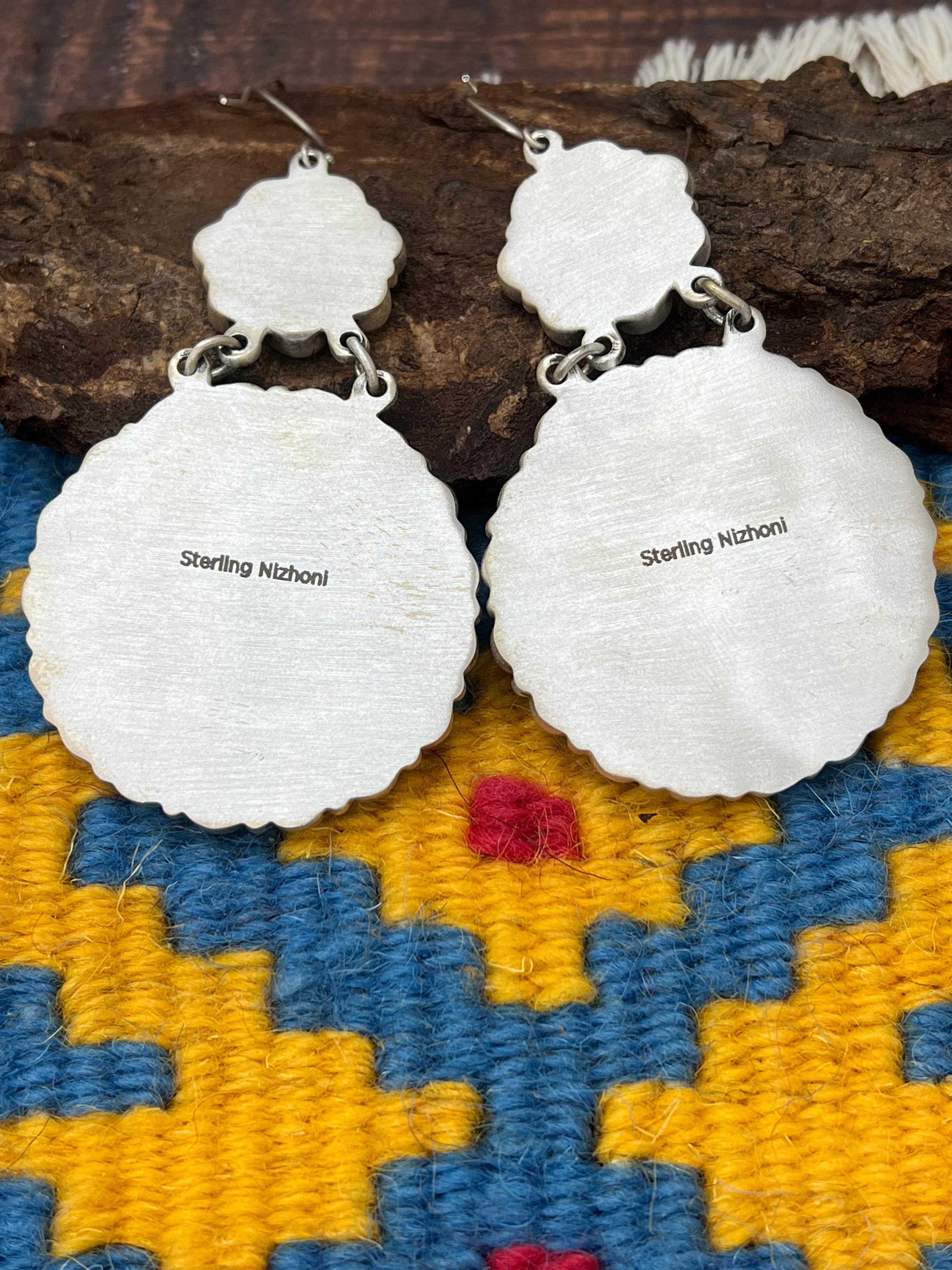 Handmade Sterling Silver Kingman Turquoise Hook Dangle Earrings with Signed Nizhoni (4)