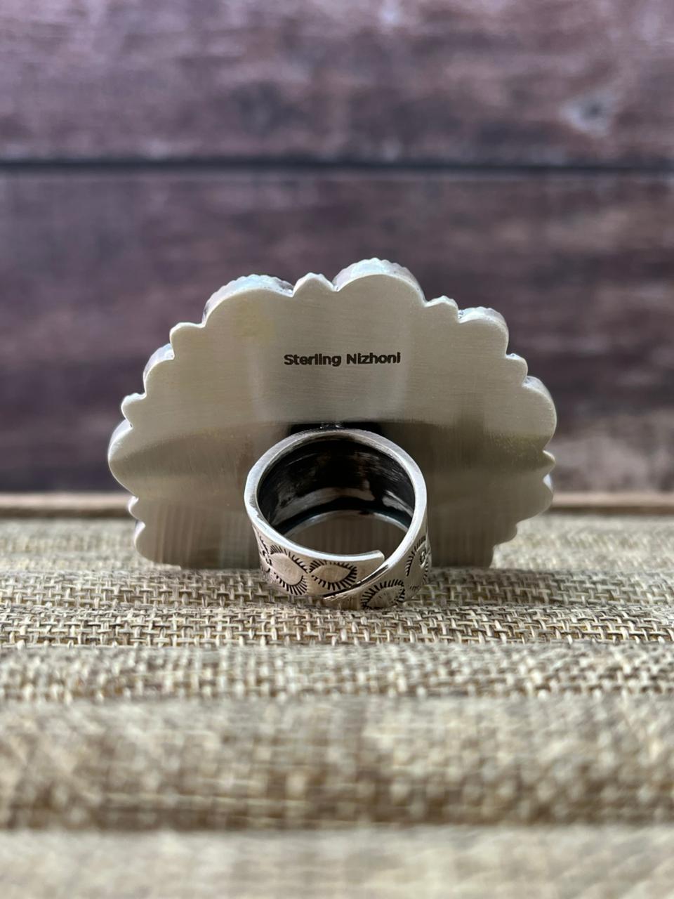 Handmade Sterling Silver Lander Turquoise Adjustable Ring With Signed Nizhoni