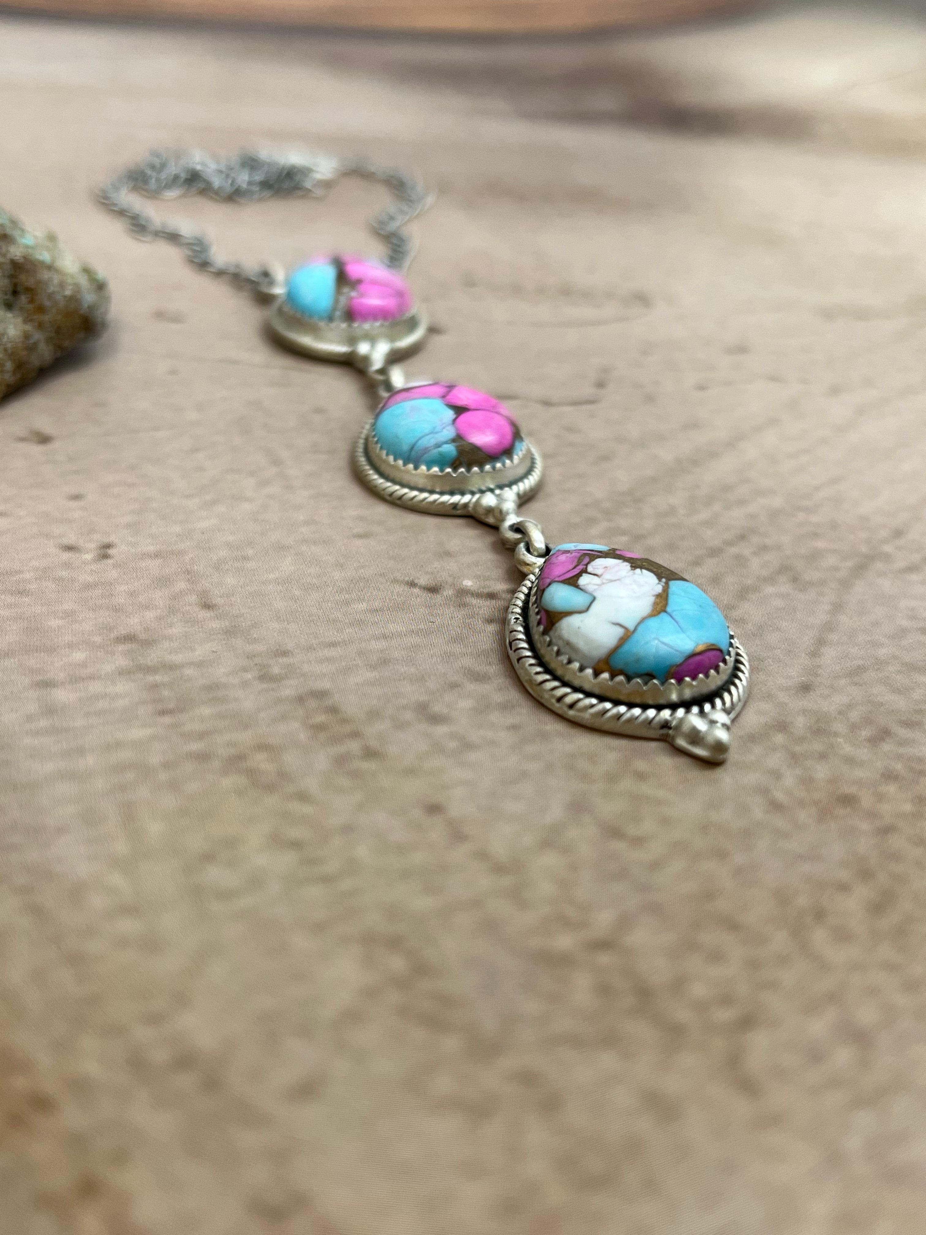 Handmade Sterling Silver Cotton Candy Turquoise Necklace with Signed Nizhoni